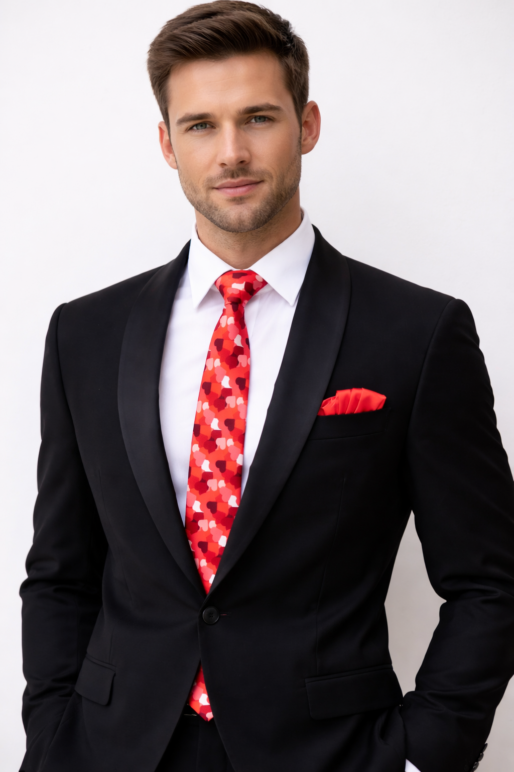 Man wearing a black suit with a red Valentine-patterned tie and pocket square