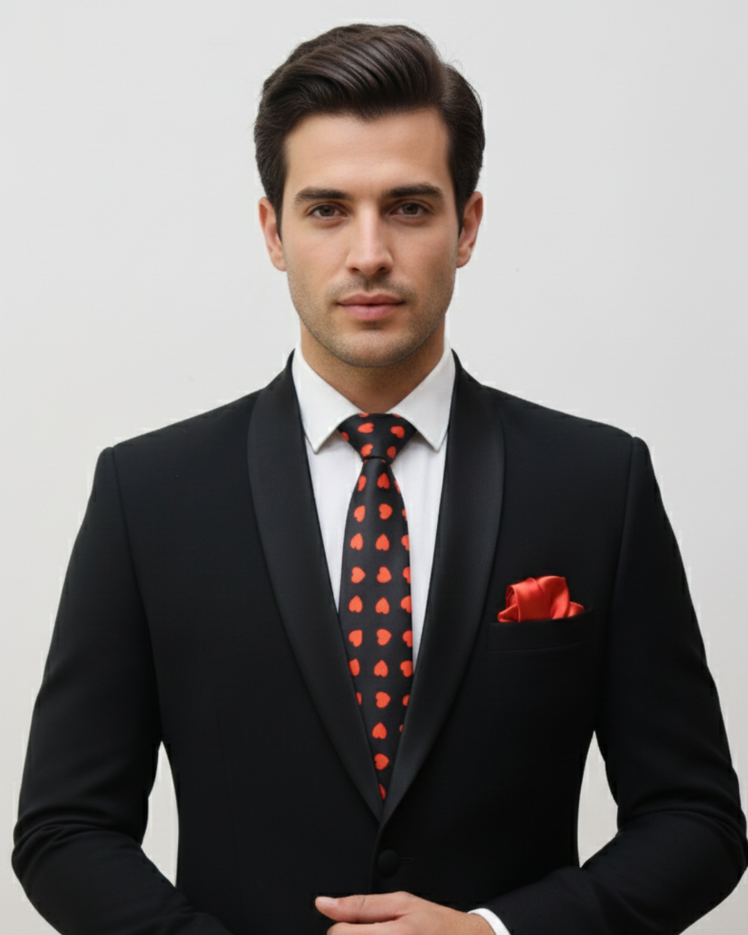 Black & Red Heart Necktie with Pocket Square Valentine Gift Set