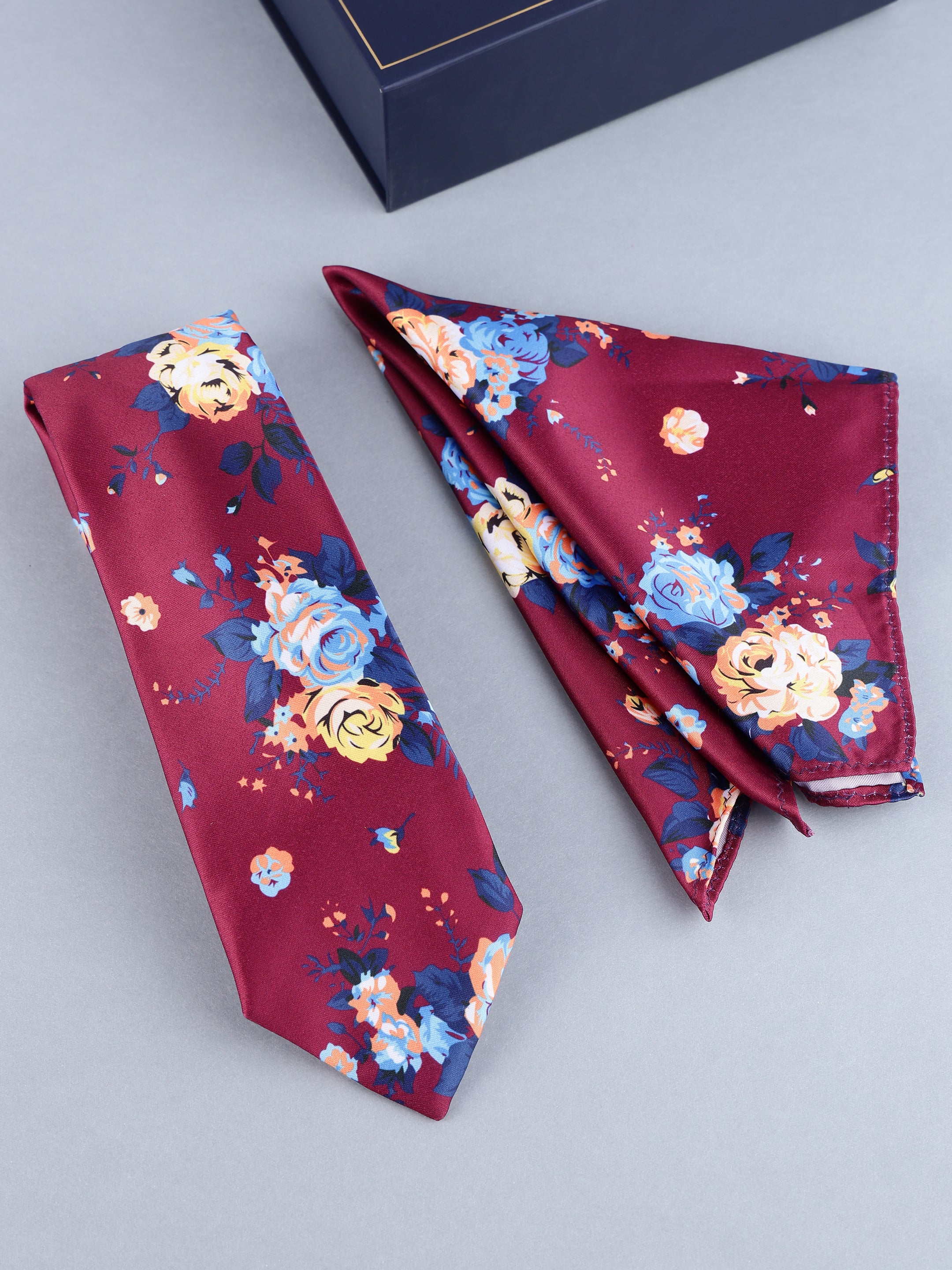 Burgundy & Blue Floral Necktie & Pocket Square Gift Set