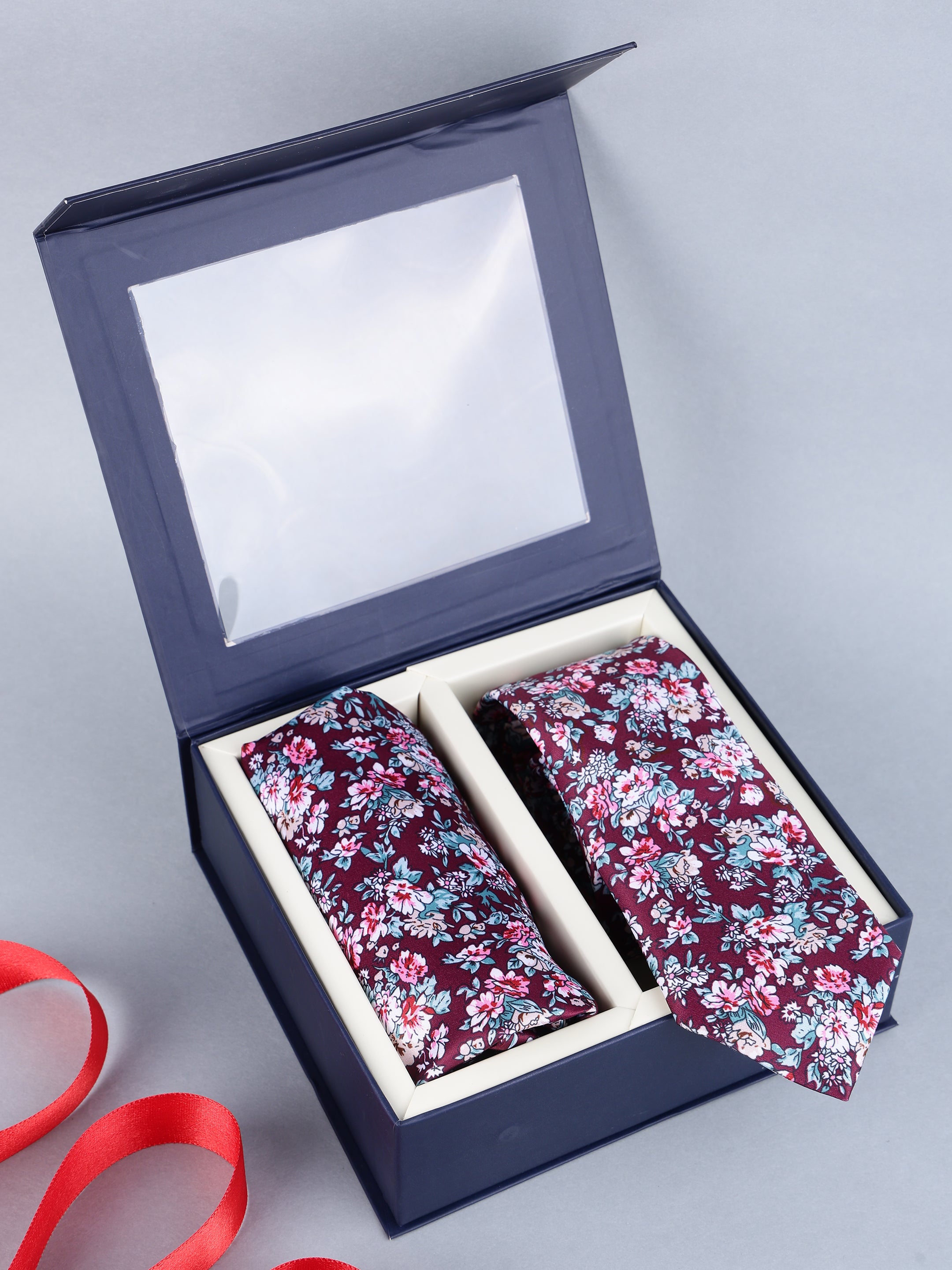 Wine Floral Necktie & Pocket Square Gift Set