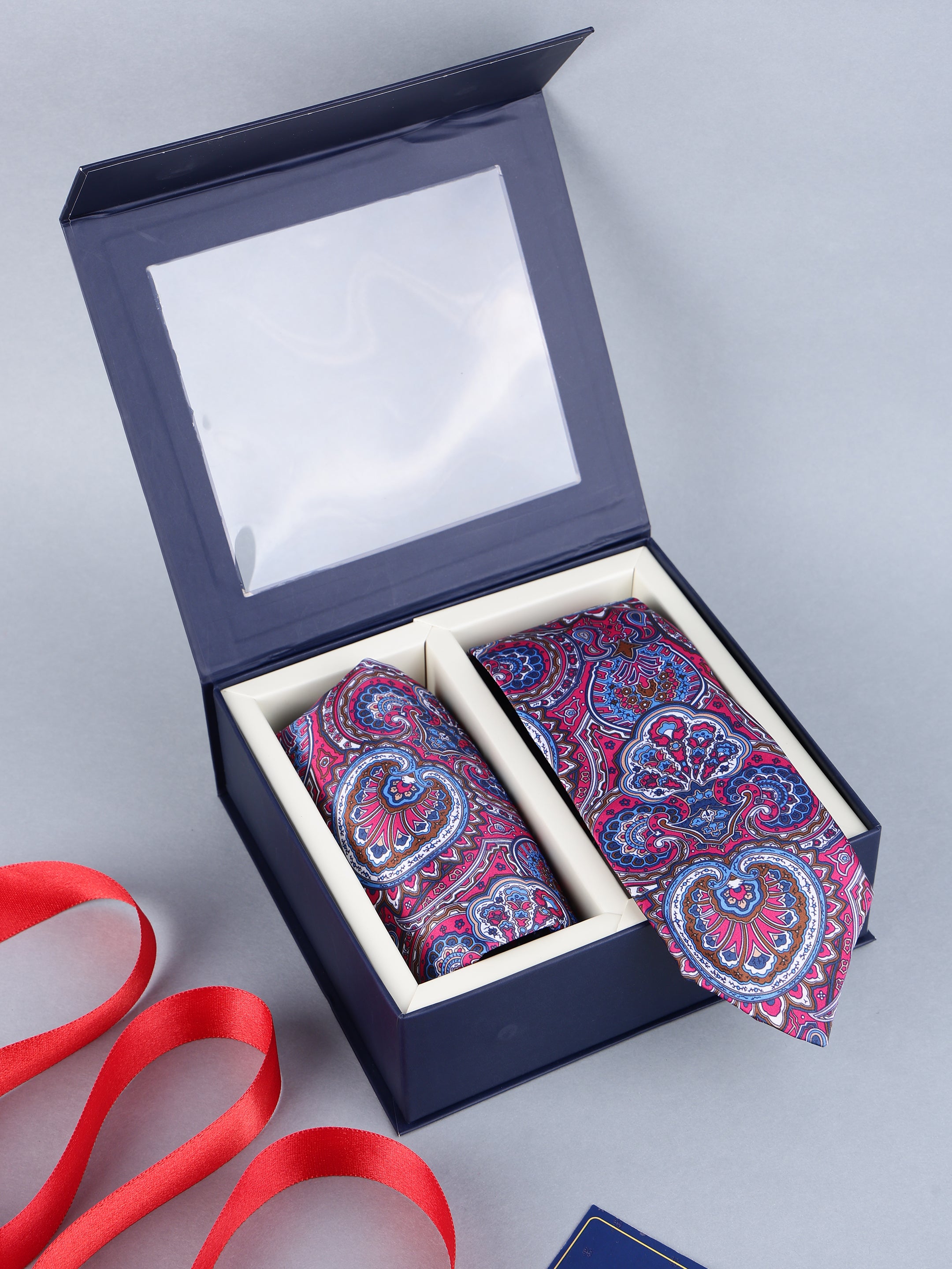 Magenta & Royal Blue Paisley Necktie & Pocket Square Gift Set