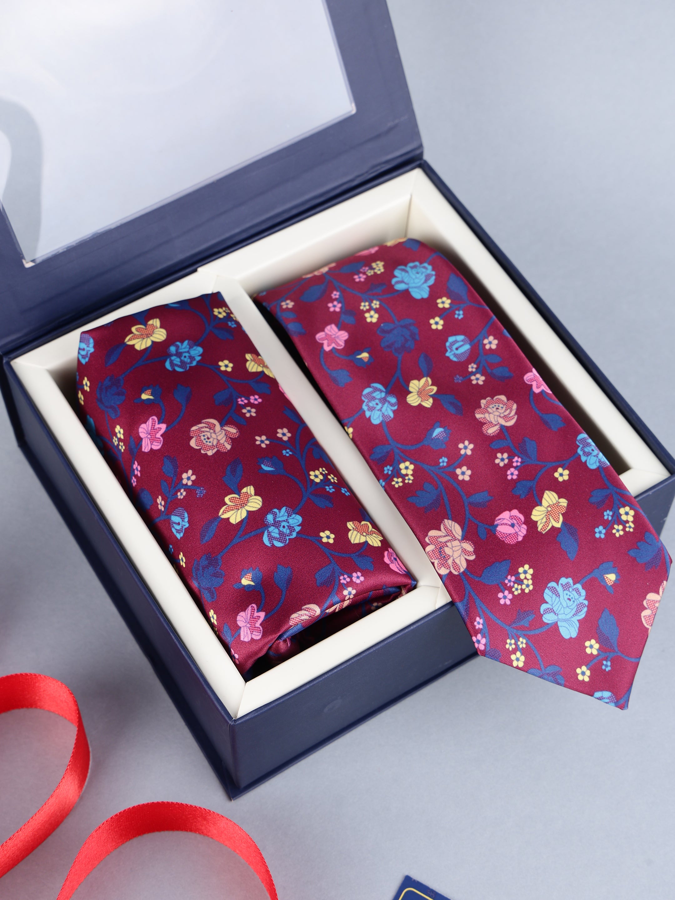 Maroon Floral Vine Necktie & Pocket Square Gift Set