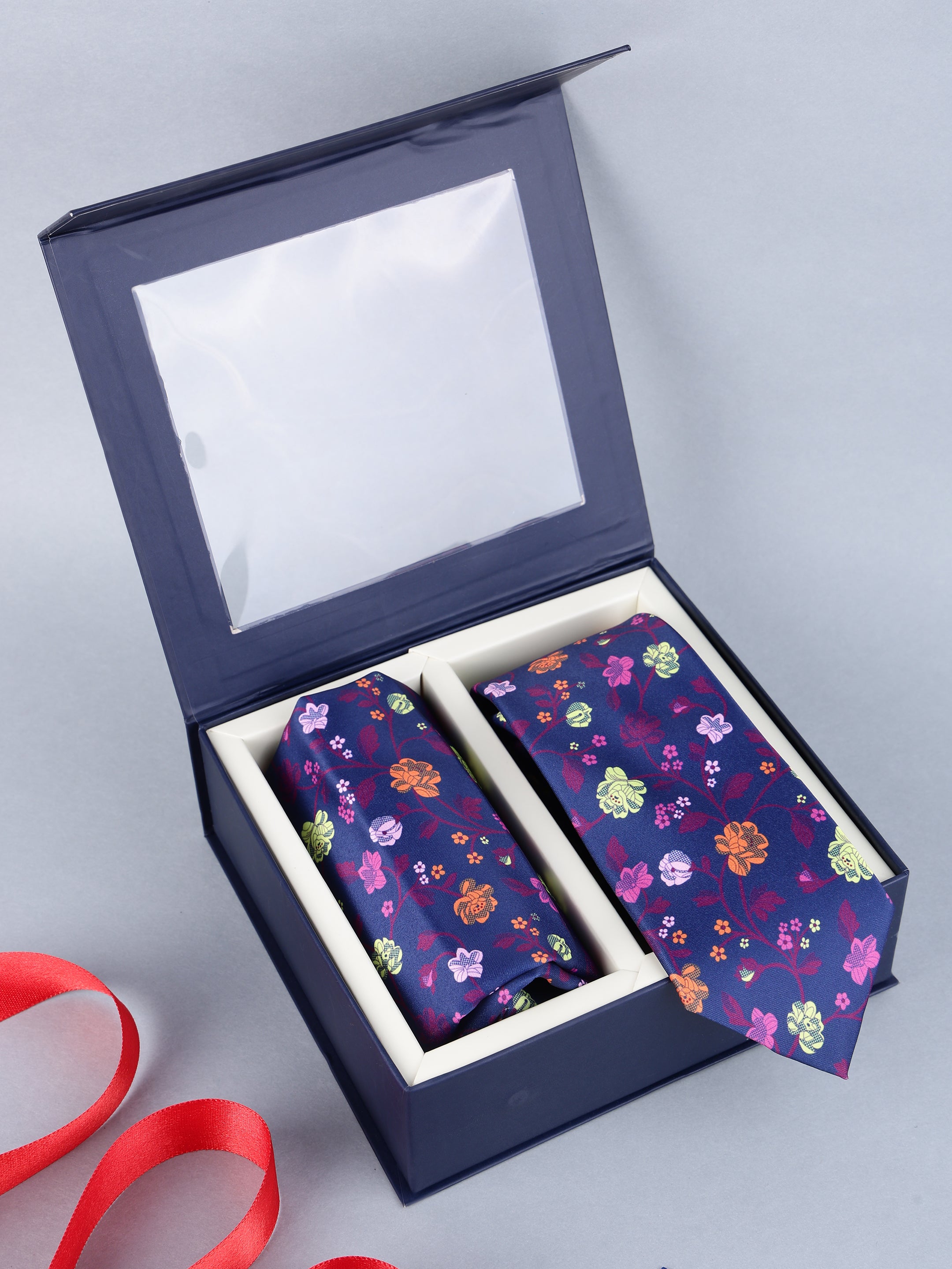 Navy Vibrant Floral Vine Necktie & Pocket Square Gift Set