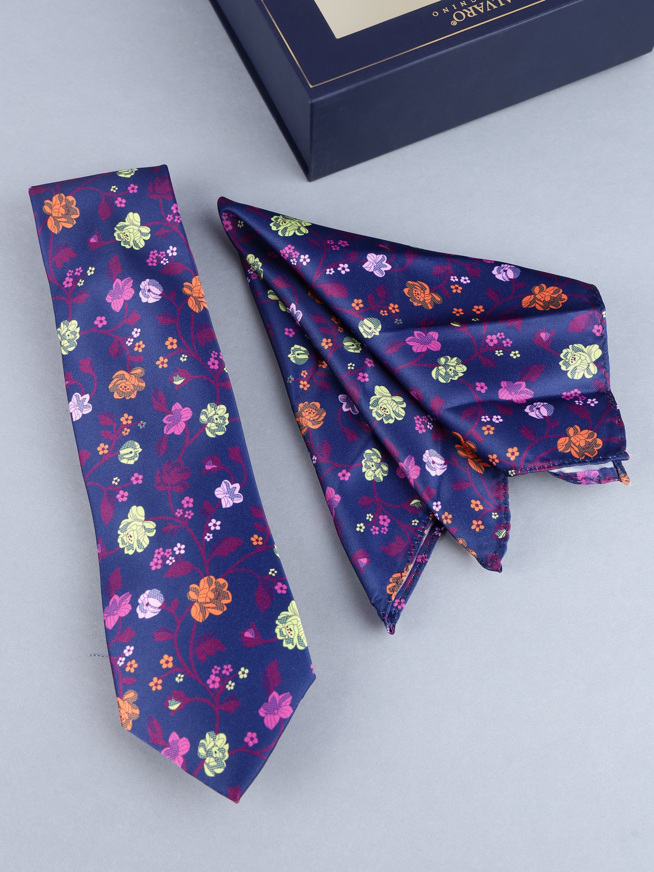 Navy Vibrant Floral Vine Necktie & Pocket Square Gift Set
