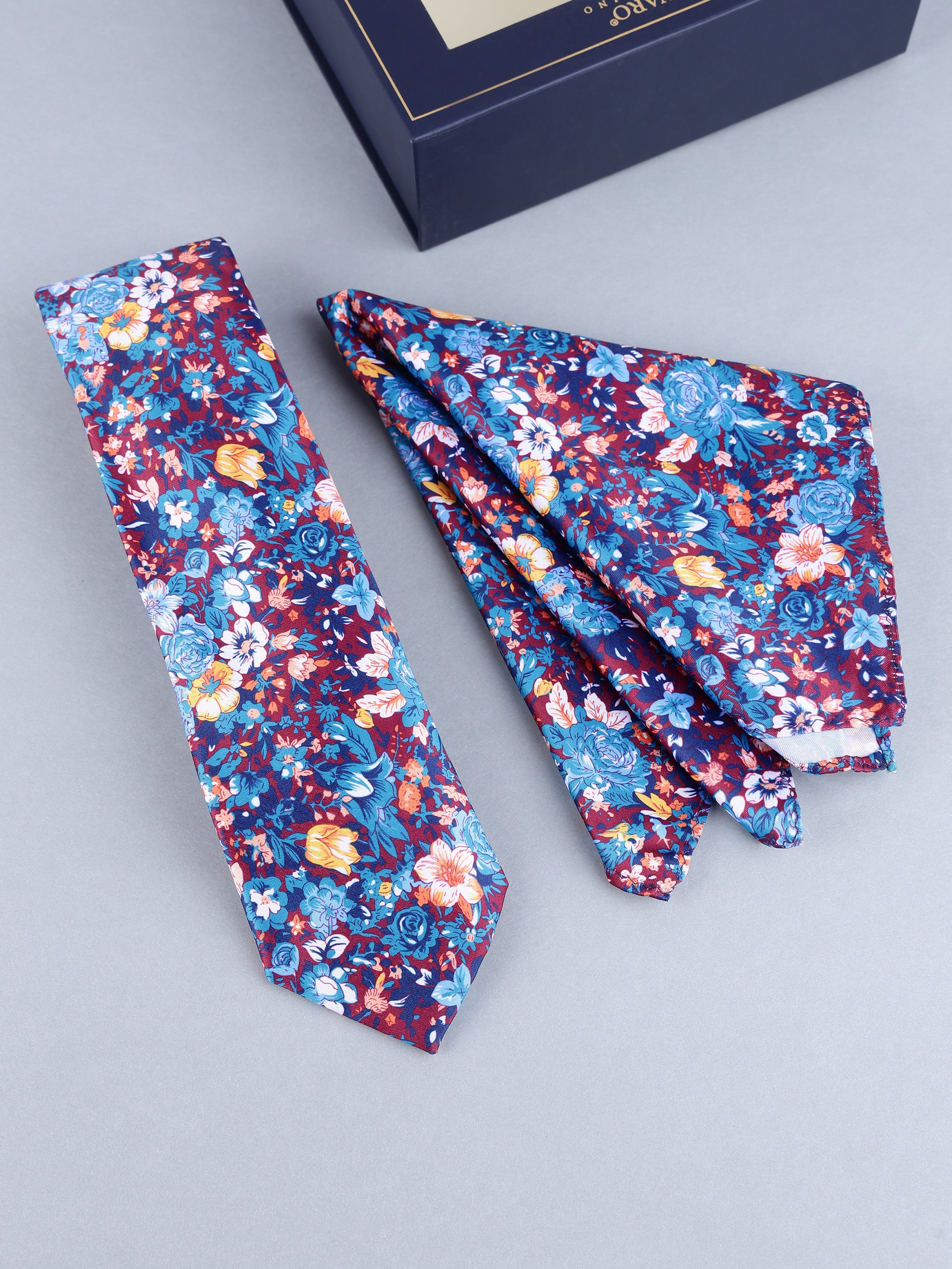 Wine & Blue Floral Tie & Pocket Square Set