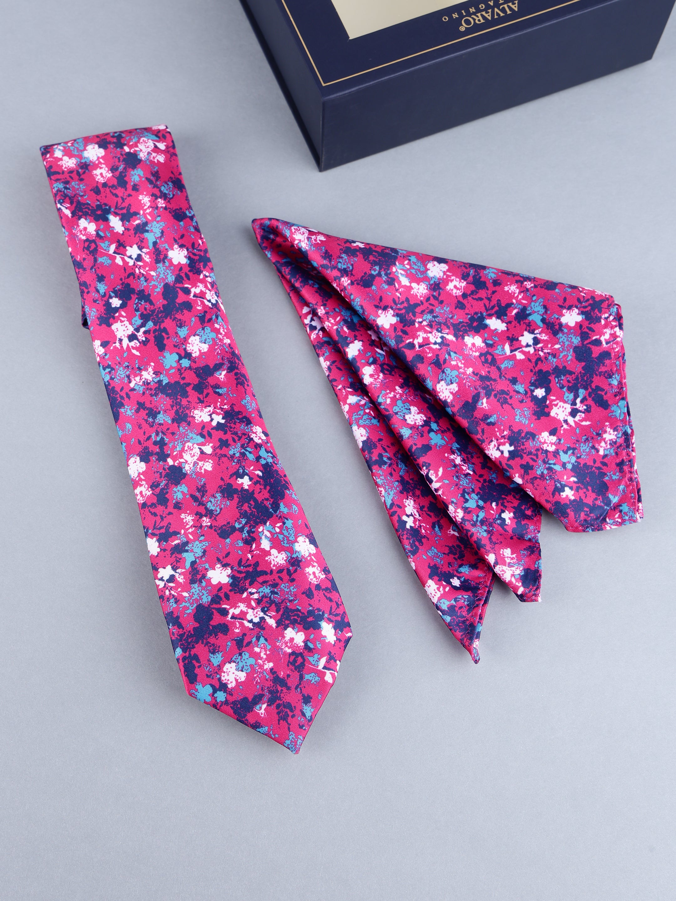 Magenta & Navy Abstract Floral Tie & Pocket Square Set
