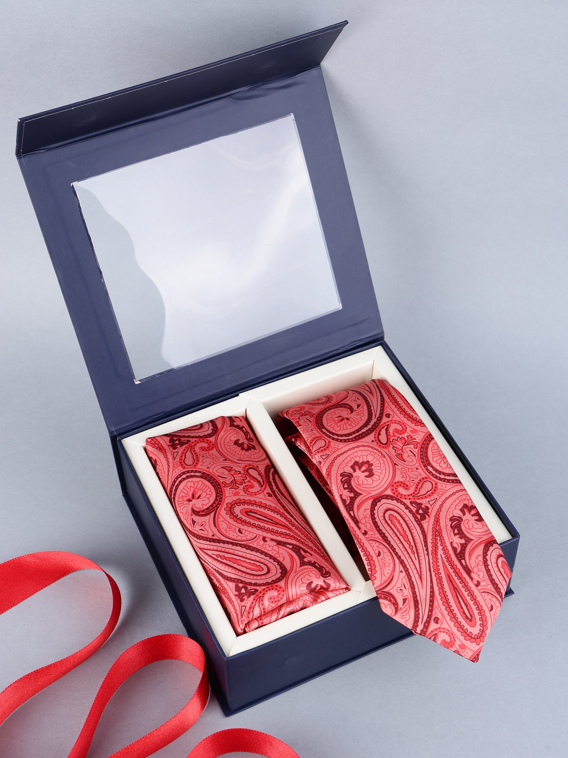 Coral Red & Burgundy Paisley Tie & Pocket Square Set