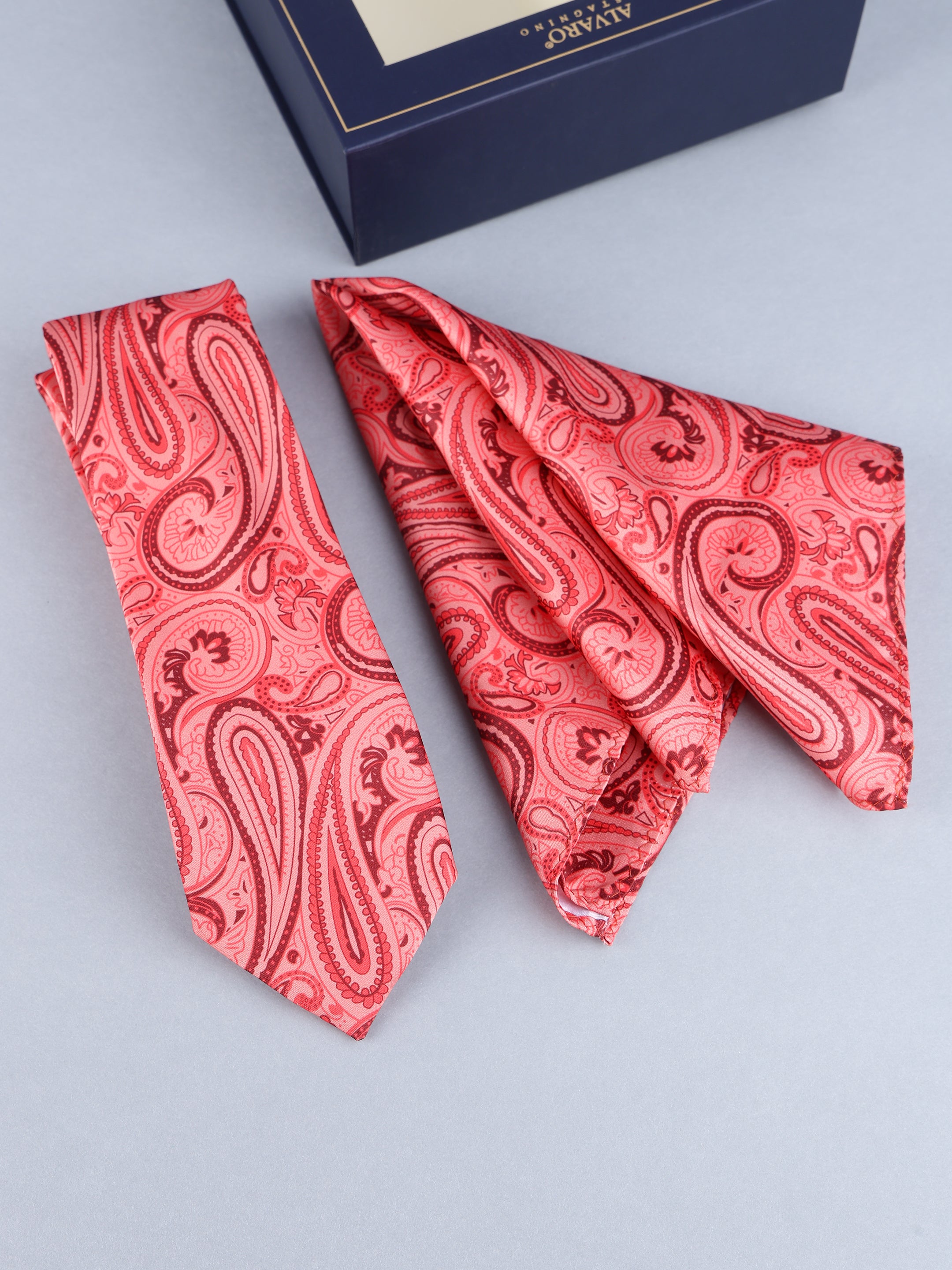 Coral Red & Burgundy Paisley Tie & Pocket Square Set