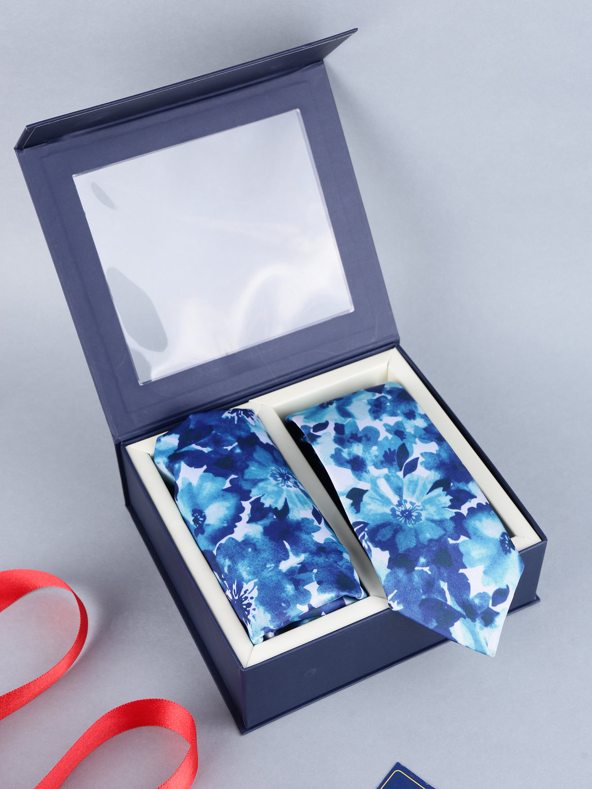 Blue Floral Necktie & Pocket Square Gift Set