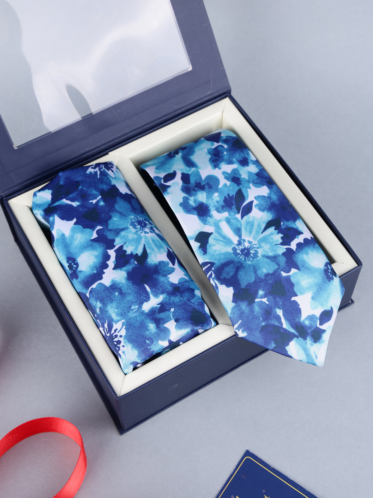 Blue Floral Necktie & Pocket Square Gift Set