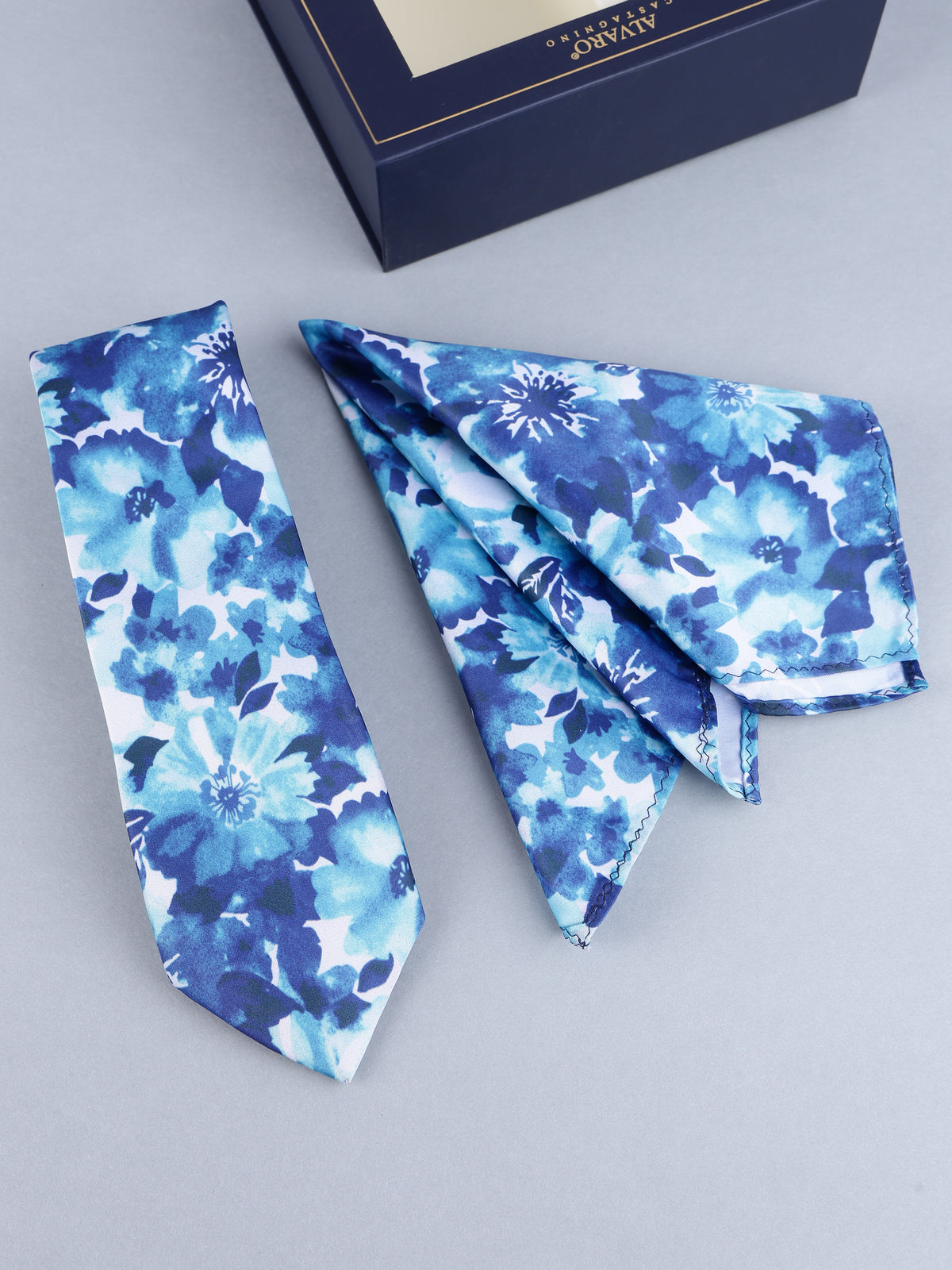 Blue Floral Necktie & Pocket Square Gift Set