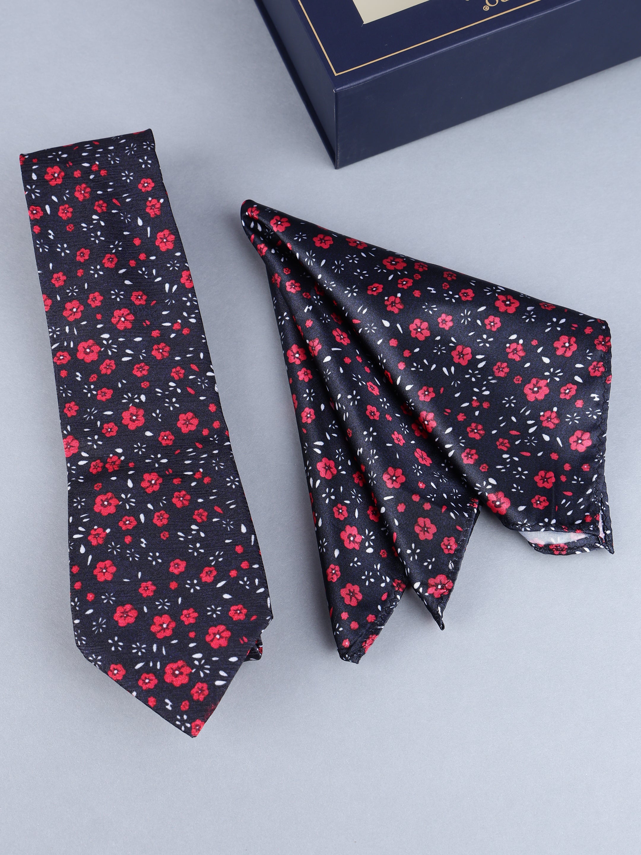 Black & Red Floral Necktie & Pocket Square Set