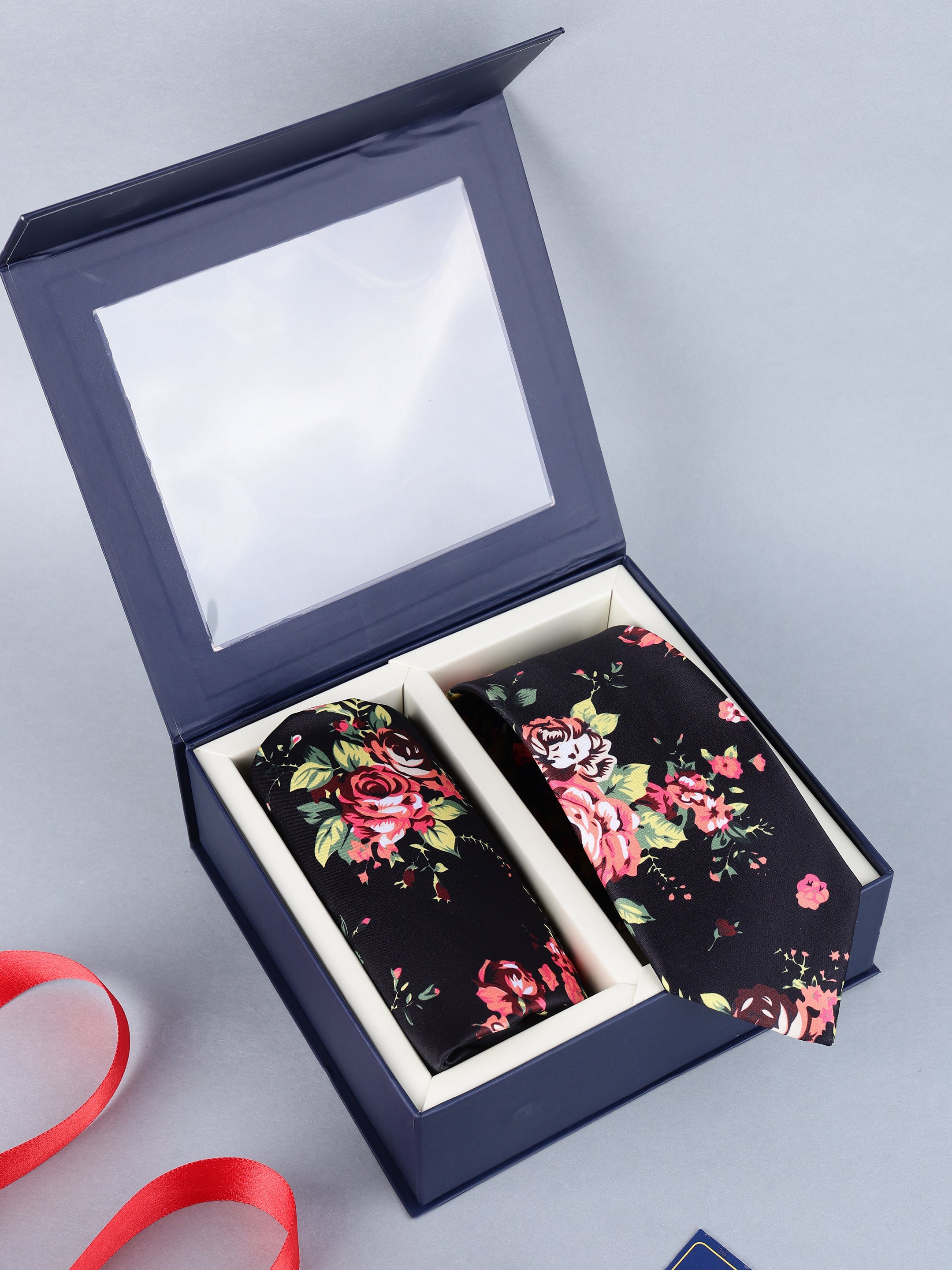 Black Vintage Rose Necktie & Pocket Square Set