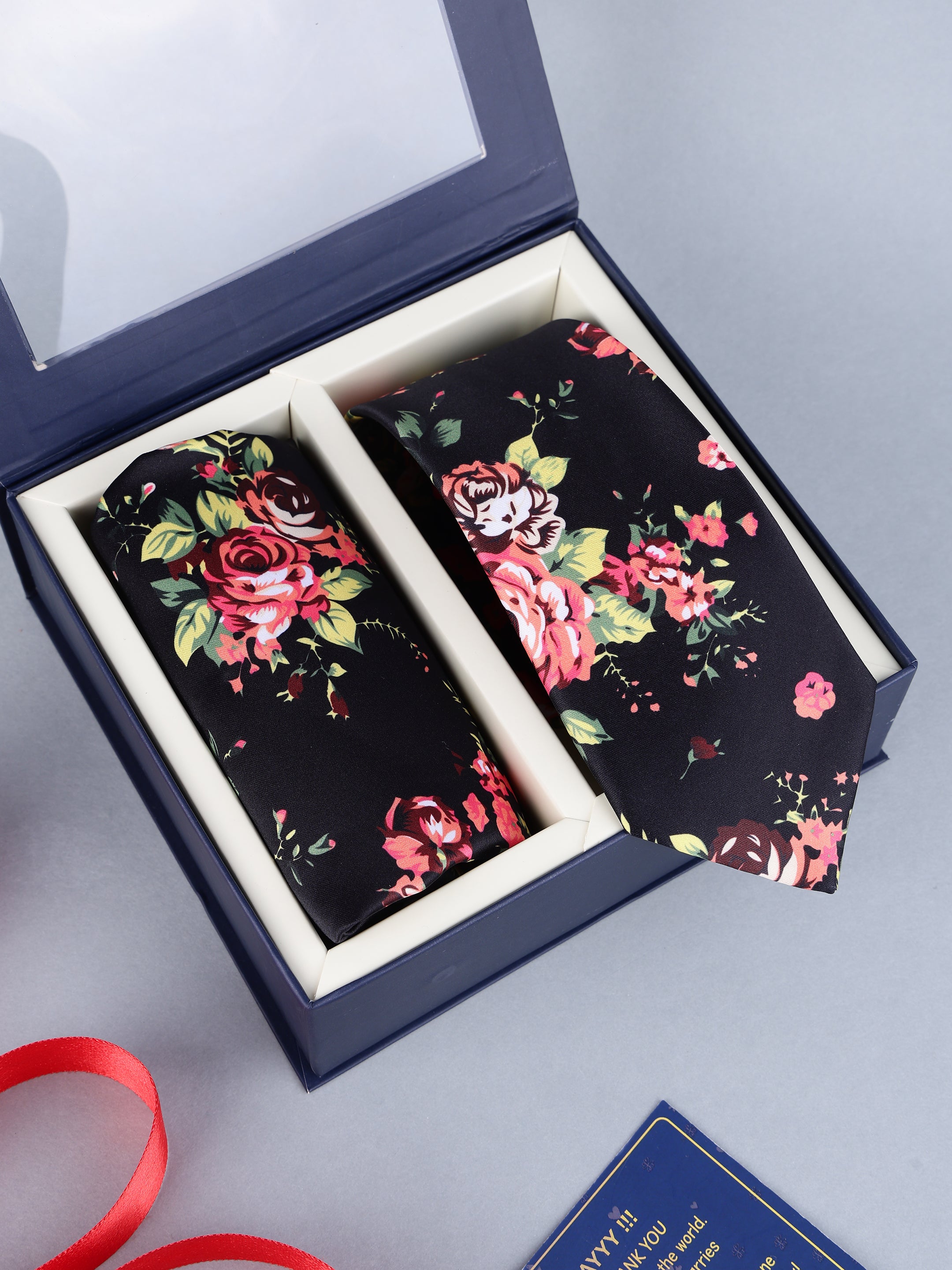 Black Vintage Rose Necktie & Pocket Square Set