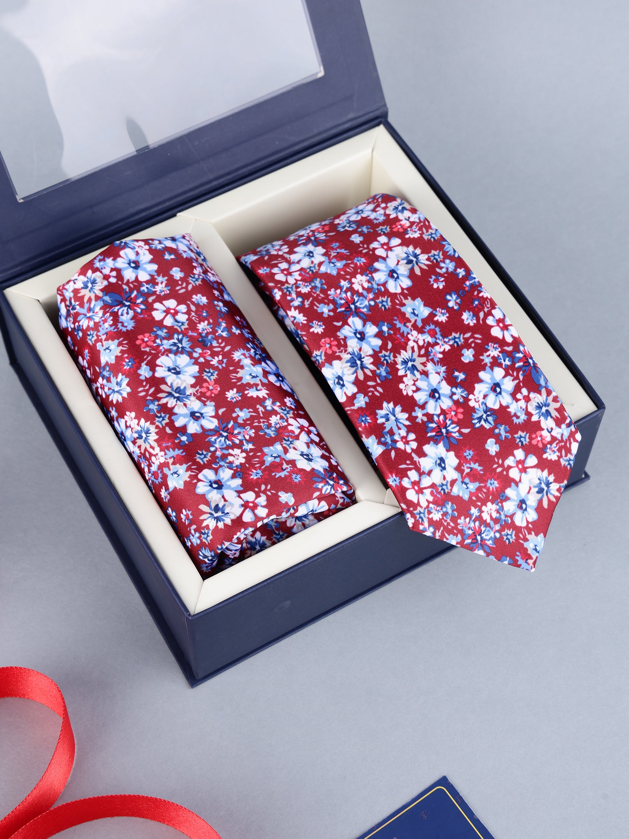 Maroon & Blue Floral Necktie & Pocket Square Gift Set