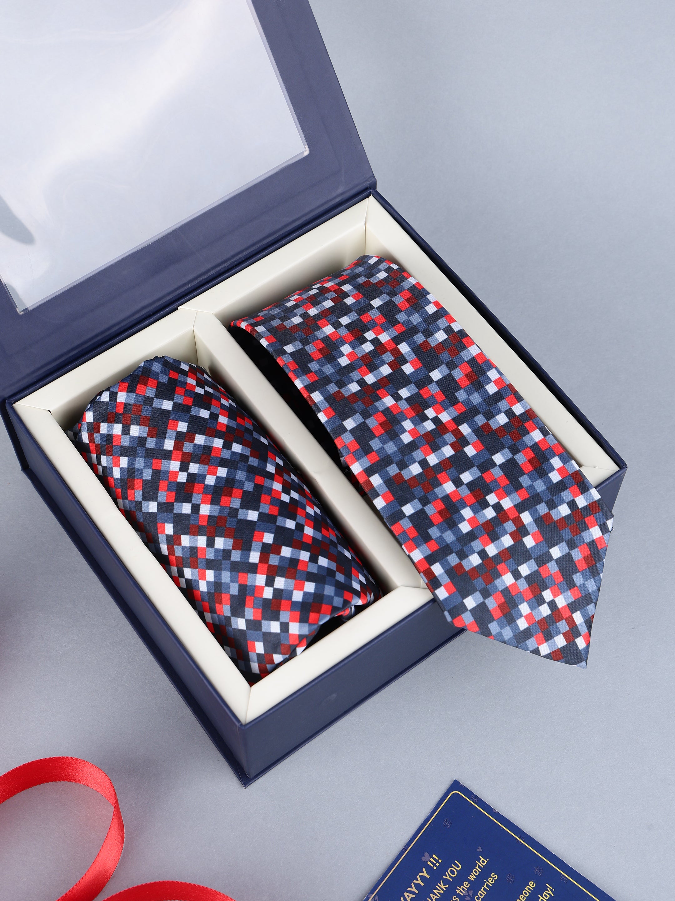 Red & Navy Pixel Mosaic Necktie & Pocket Square Gift Set