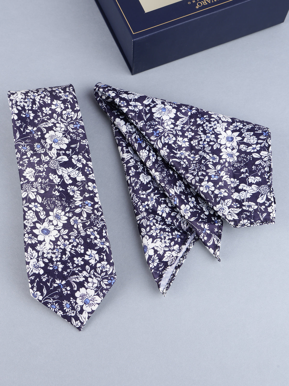 Navy & White Floral Necktie & Pocket Square Set