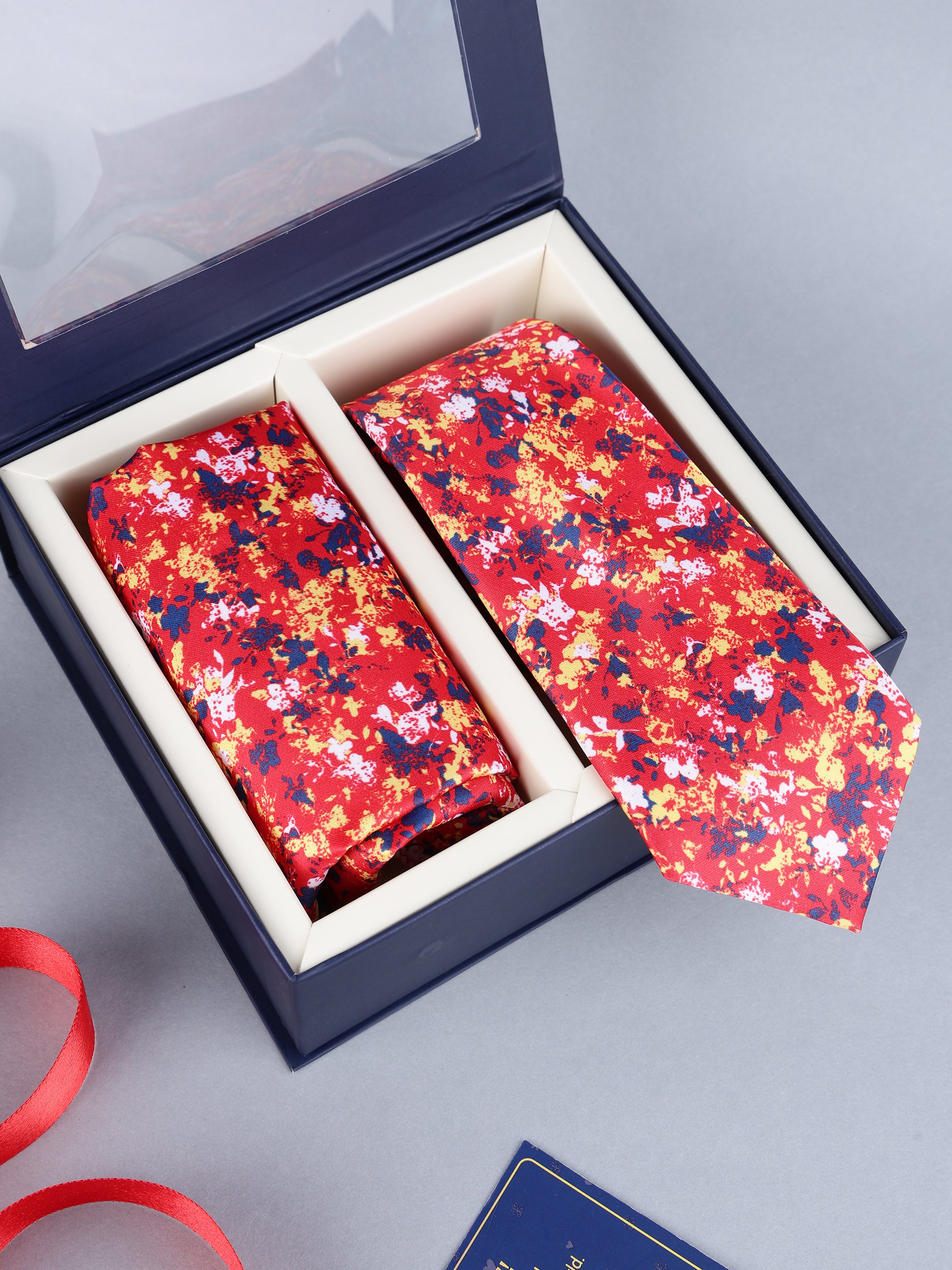 Red Abstract Floral Necktie & Pocket Square Set