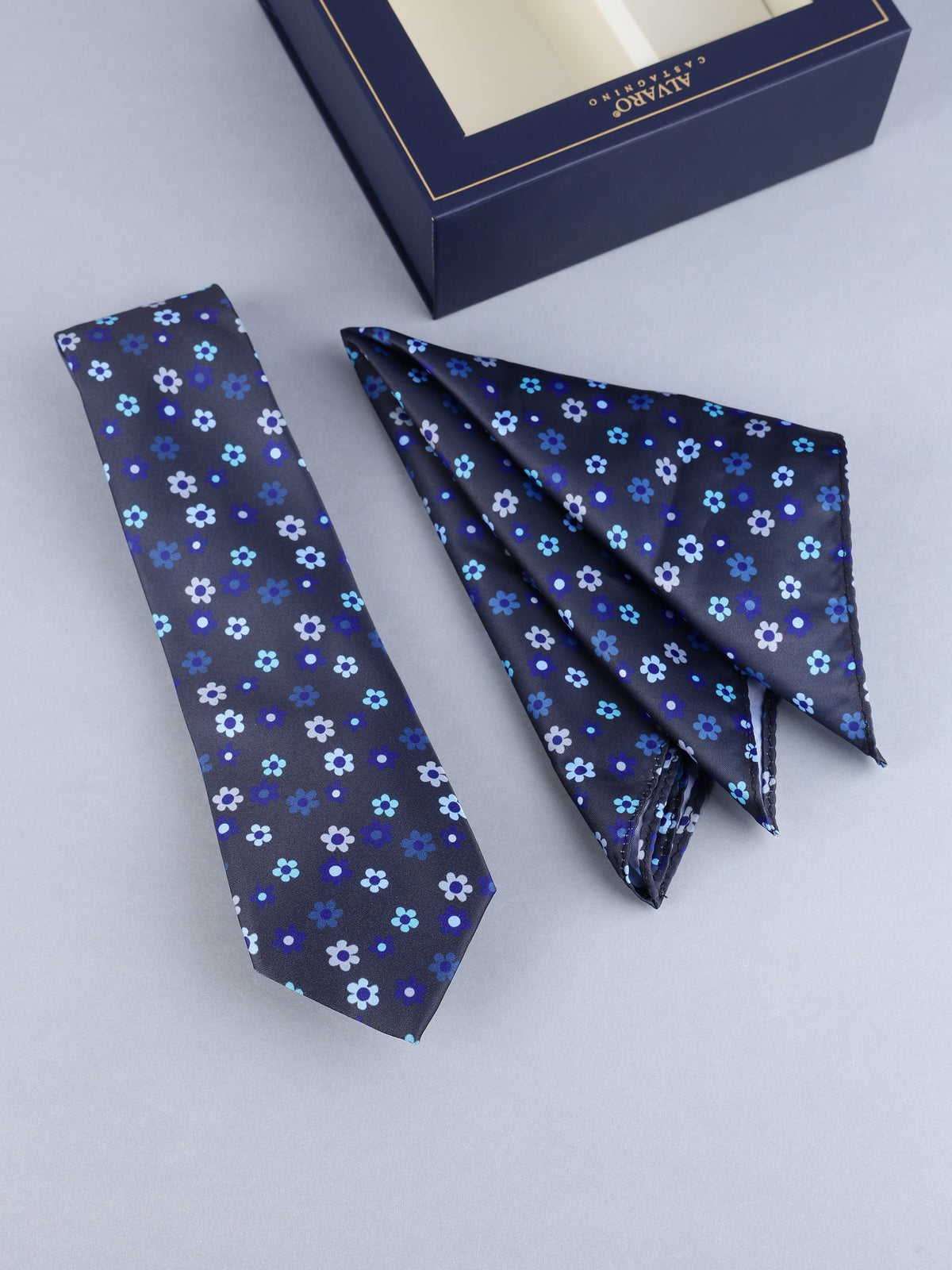 Dark Navy Micro Floral Necktie & Pocket Square Set