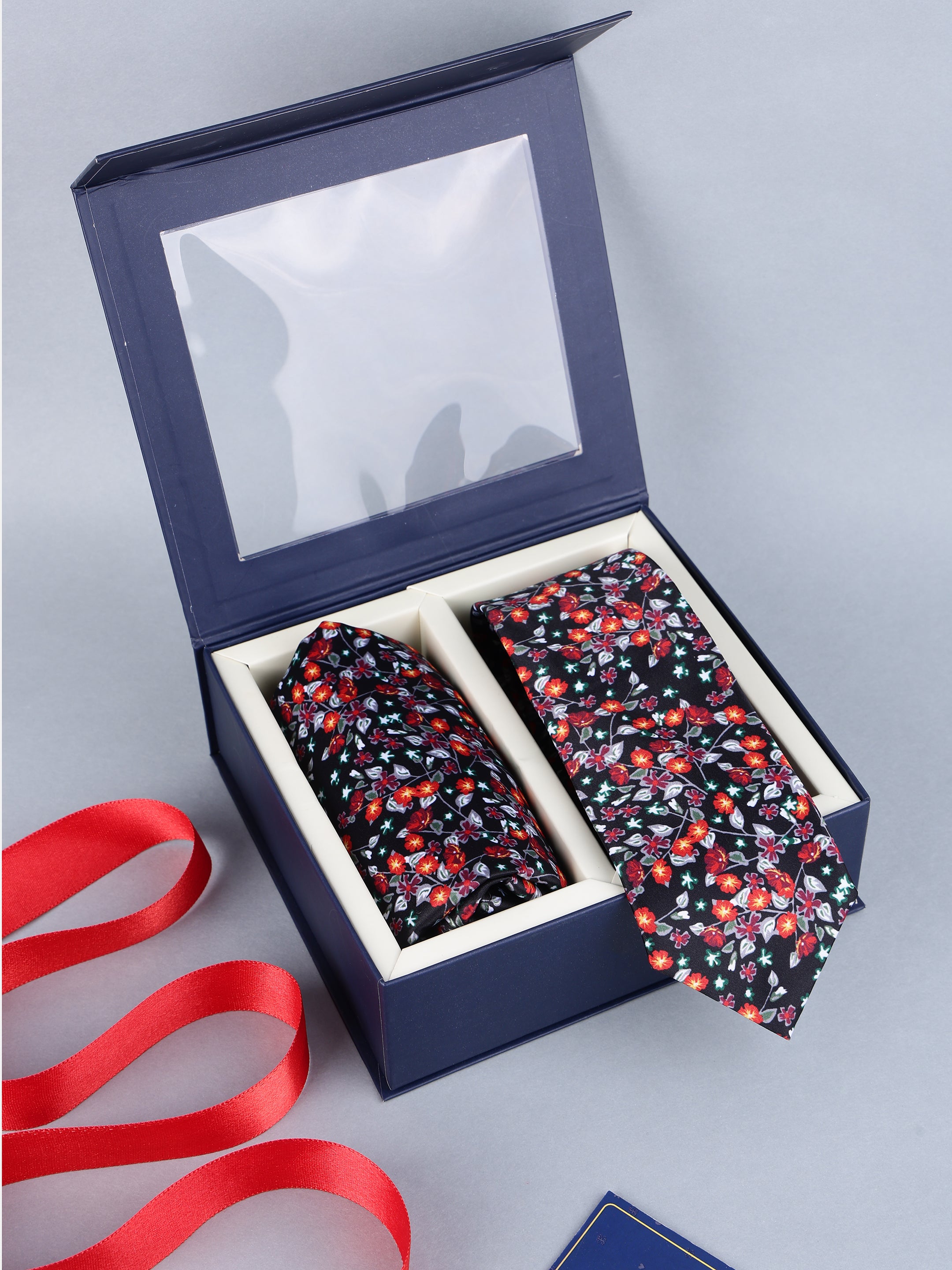 Black Floral Necktie & Pocket Square Gift Set
