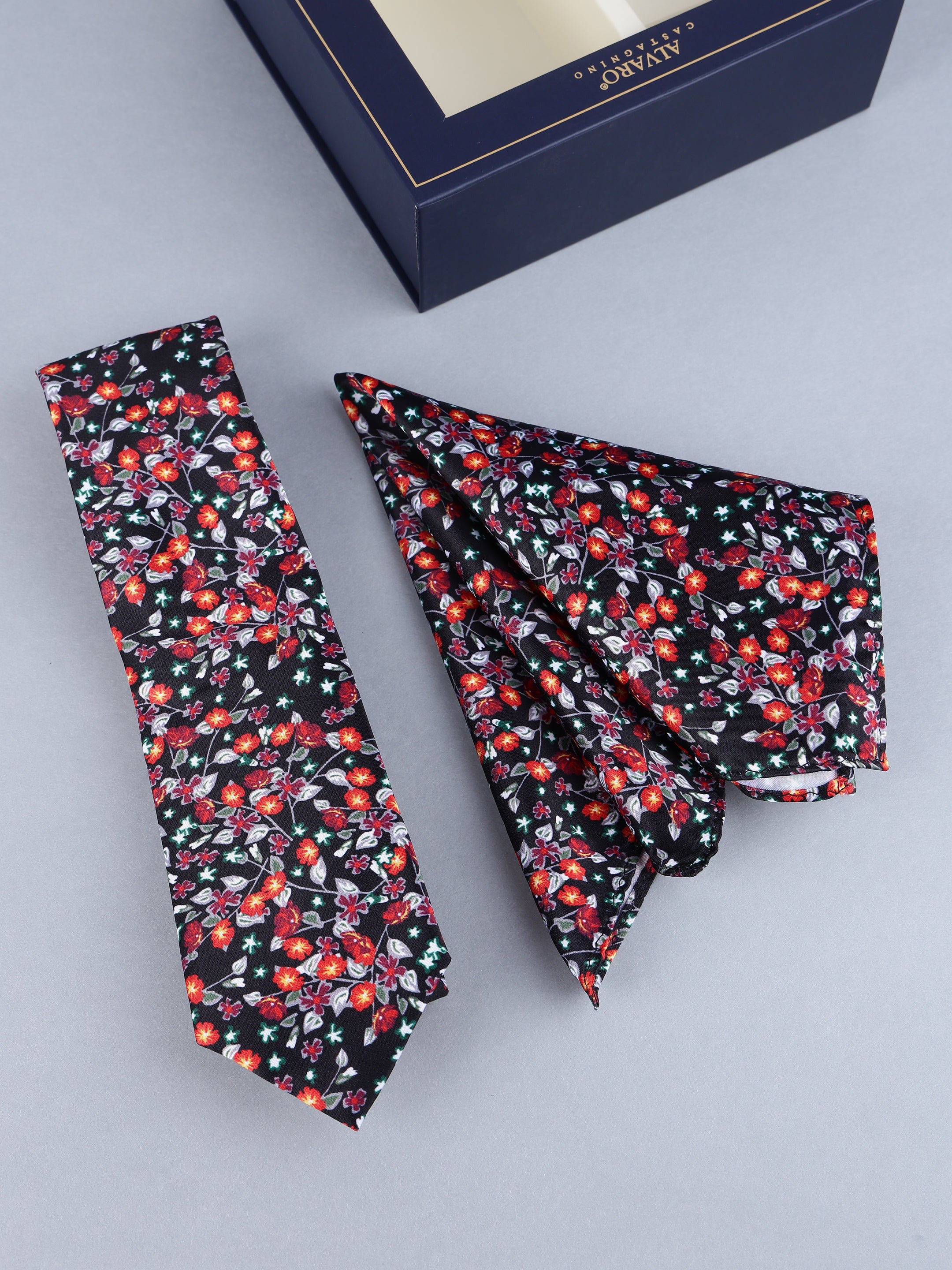 Black Floral Necktie & Pocket Square Gift Set