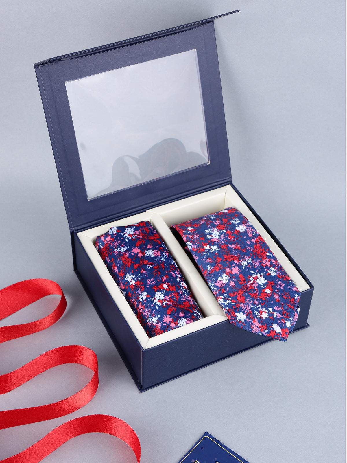 Blue & Red Speckled Floral Necktie & Pocket Square Set