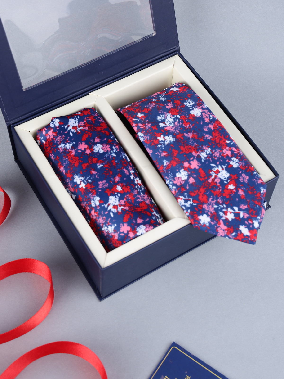 Blue & Red Speckled Floral Necktie & Pocket Square Set