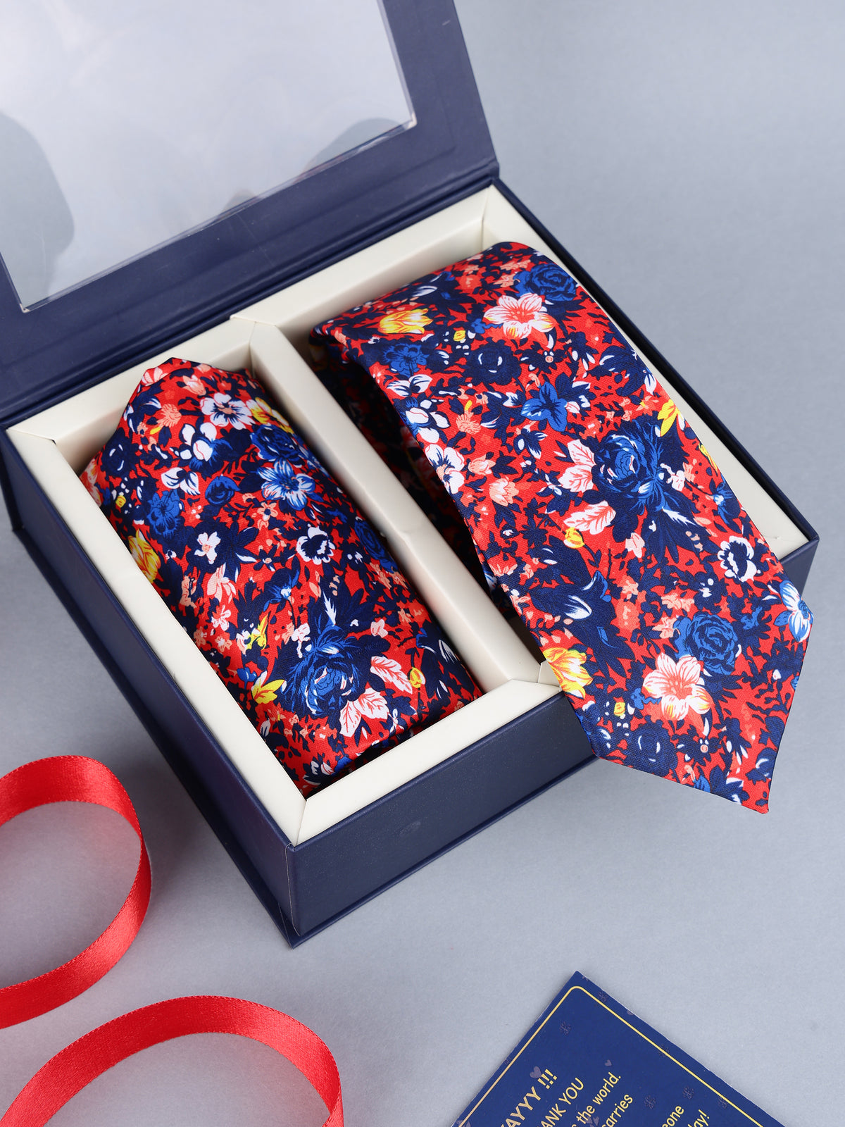 Red & Navy Bold Floral Necktie & Pocket Square Set