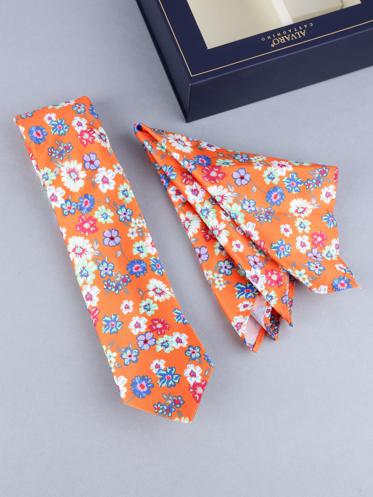Vibrant Orange Meadow Floral Necktie & Pocket Square Set