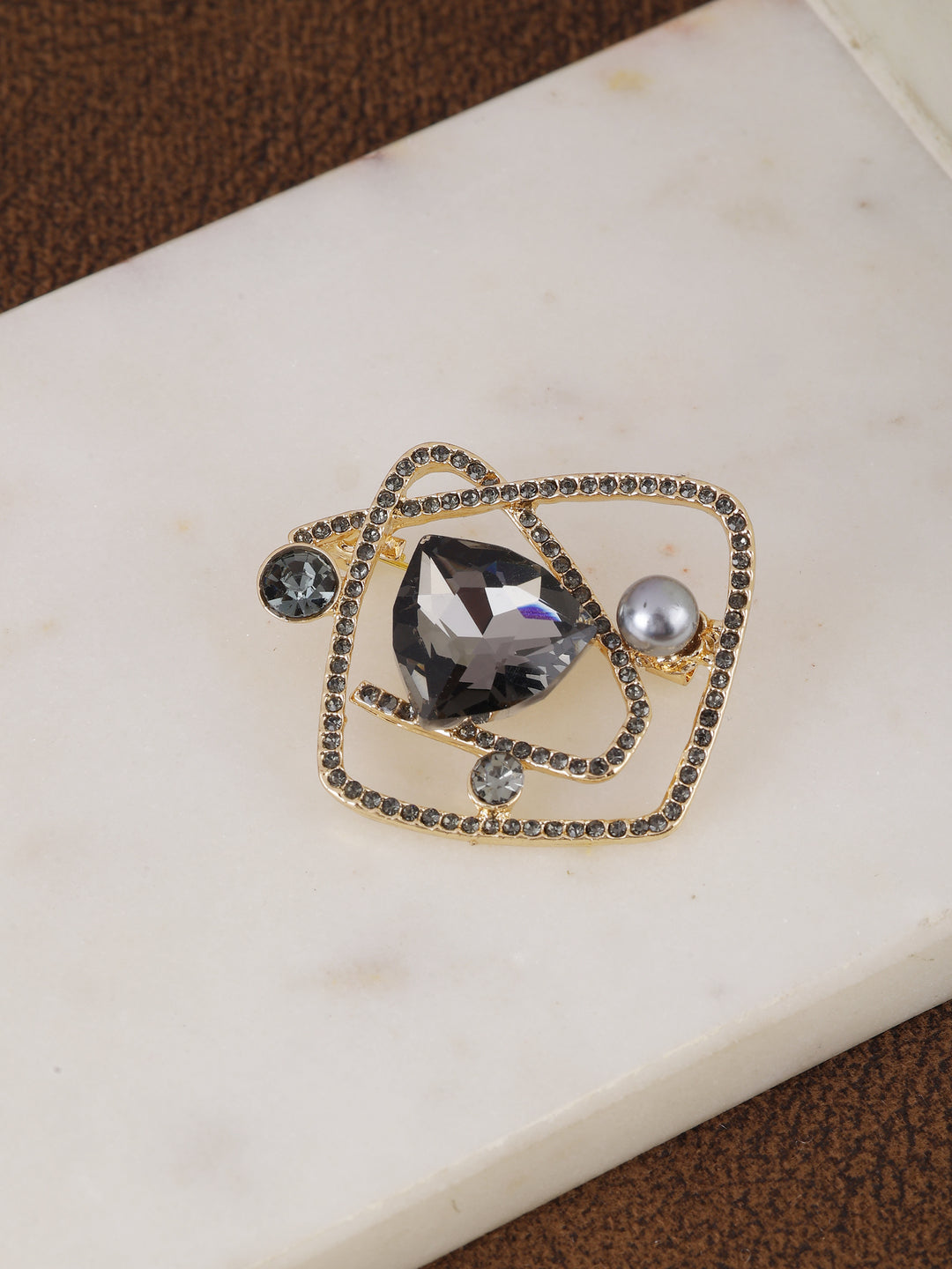 Gold-Tone & Charcoal Crystal Brooch