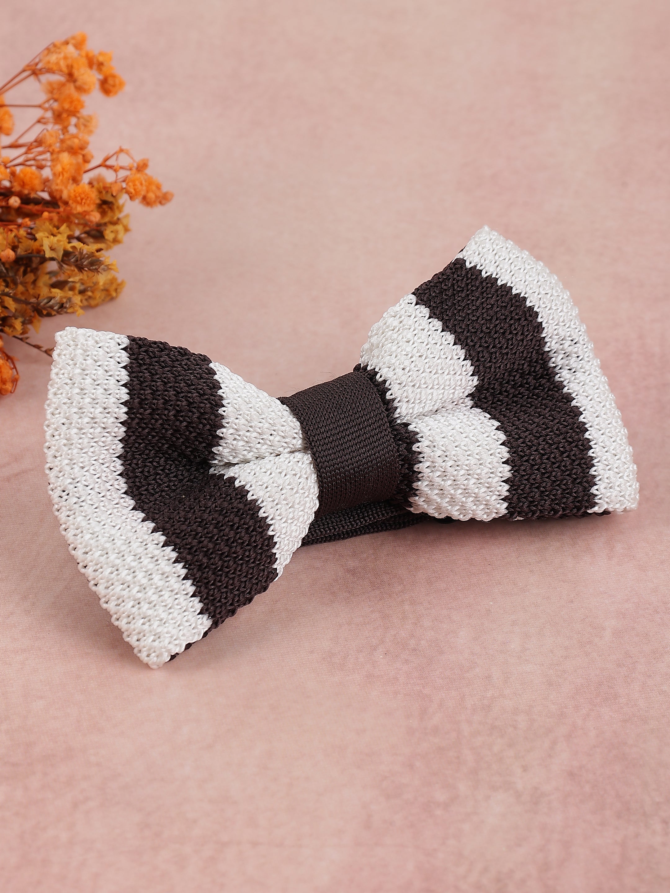 Chocolate Brown & White Striped Knit Bow Tie
