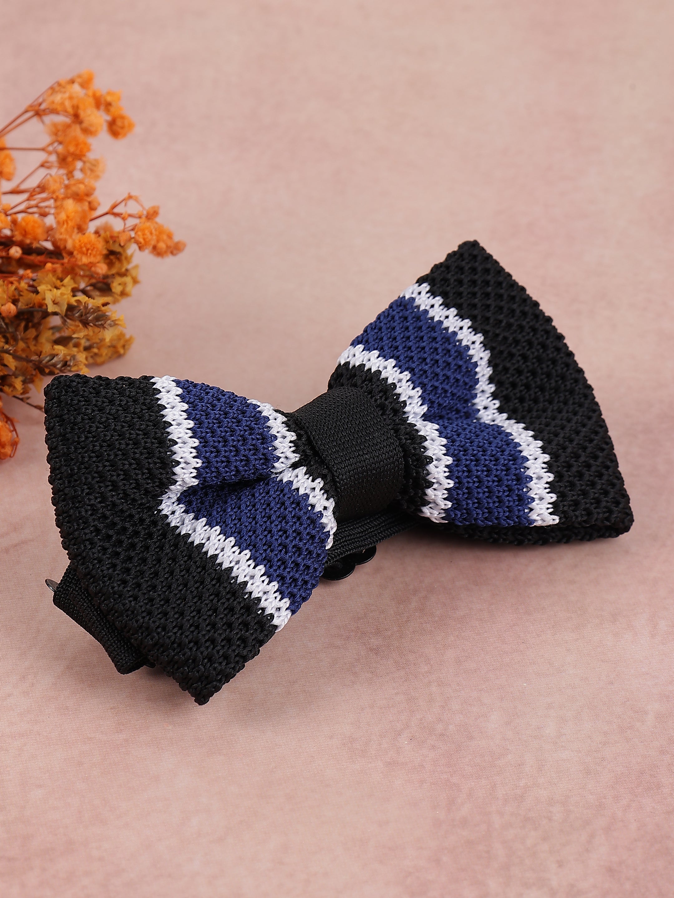 Navy Black & White Striped Knit Bow Tie