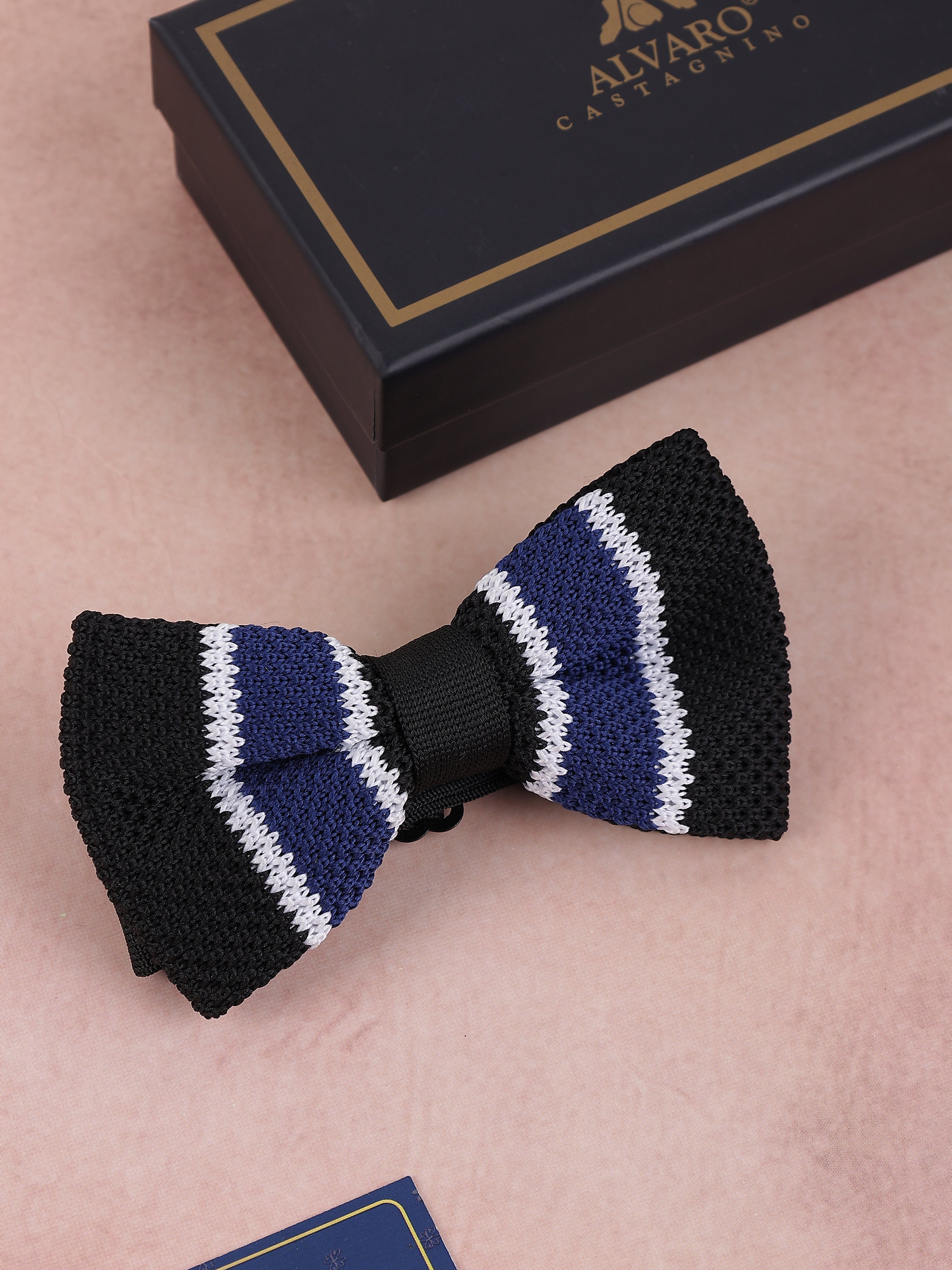 Navy Black & White Striped Knit Bow Tie