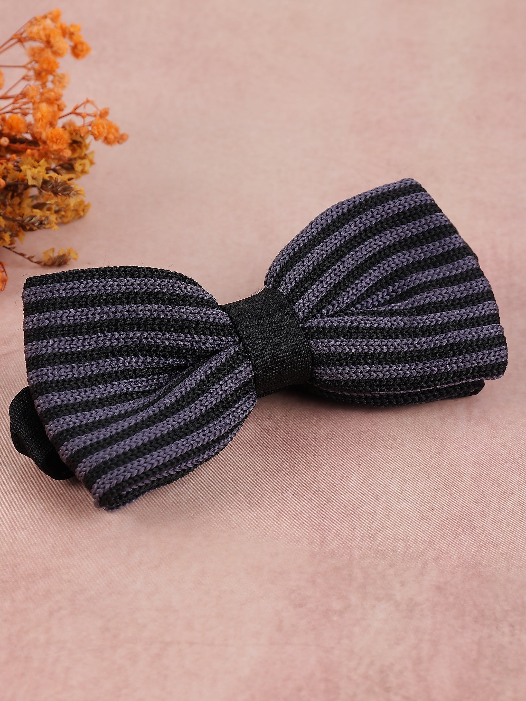 Charcoal Grey & Black Striped Knit Bow Tie