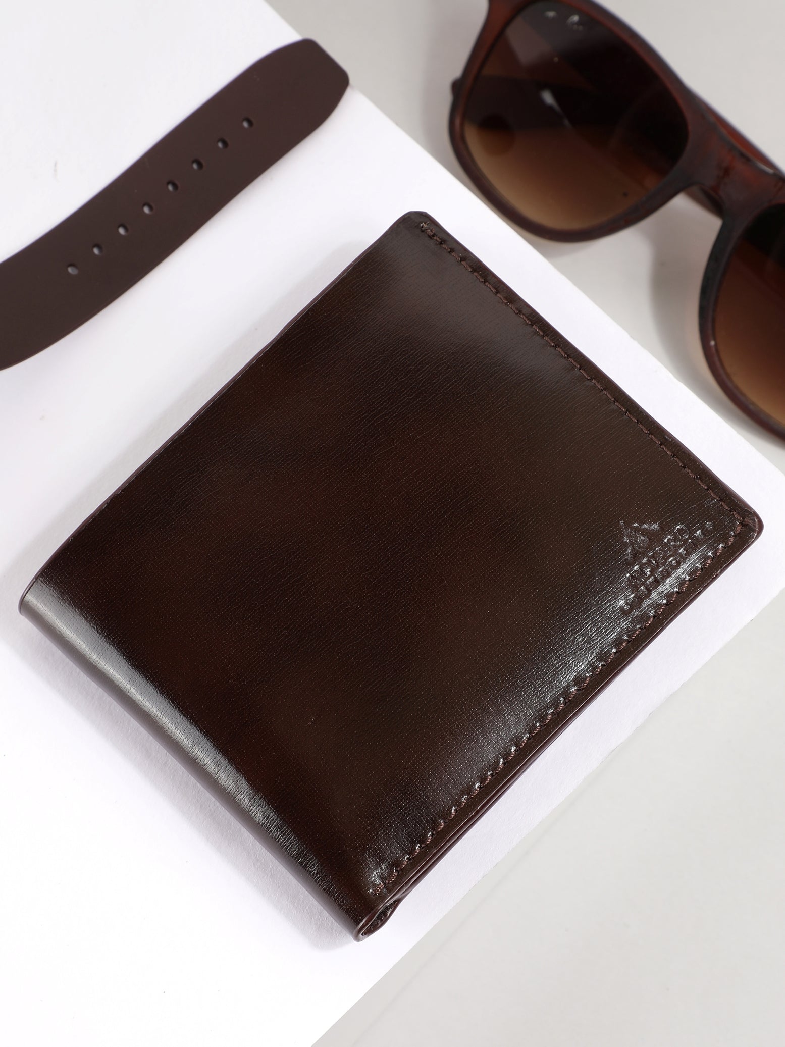 Brown Glazed Linear Textured Leather Wallet