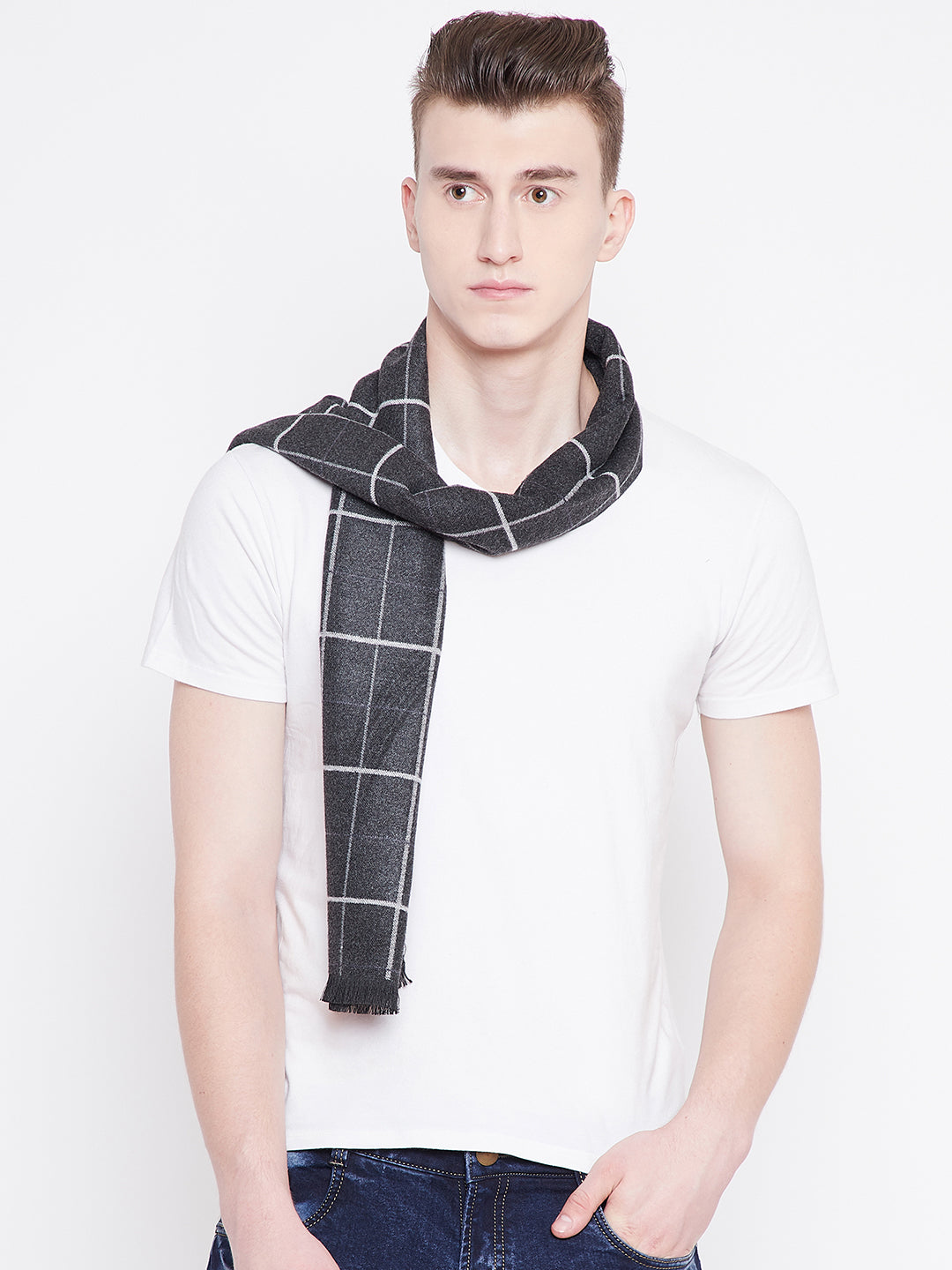 Alvaro Castagnino Men Grey & White Checked Muffler