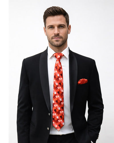 Red Heart Print Necktie with Pocket Square Valentine Gift Set