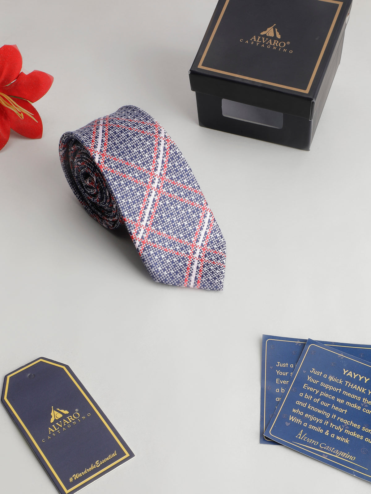 Indigo Blue and Crimson Plaid Cotton Necktie