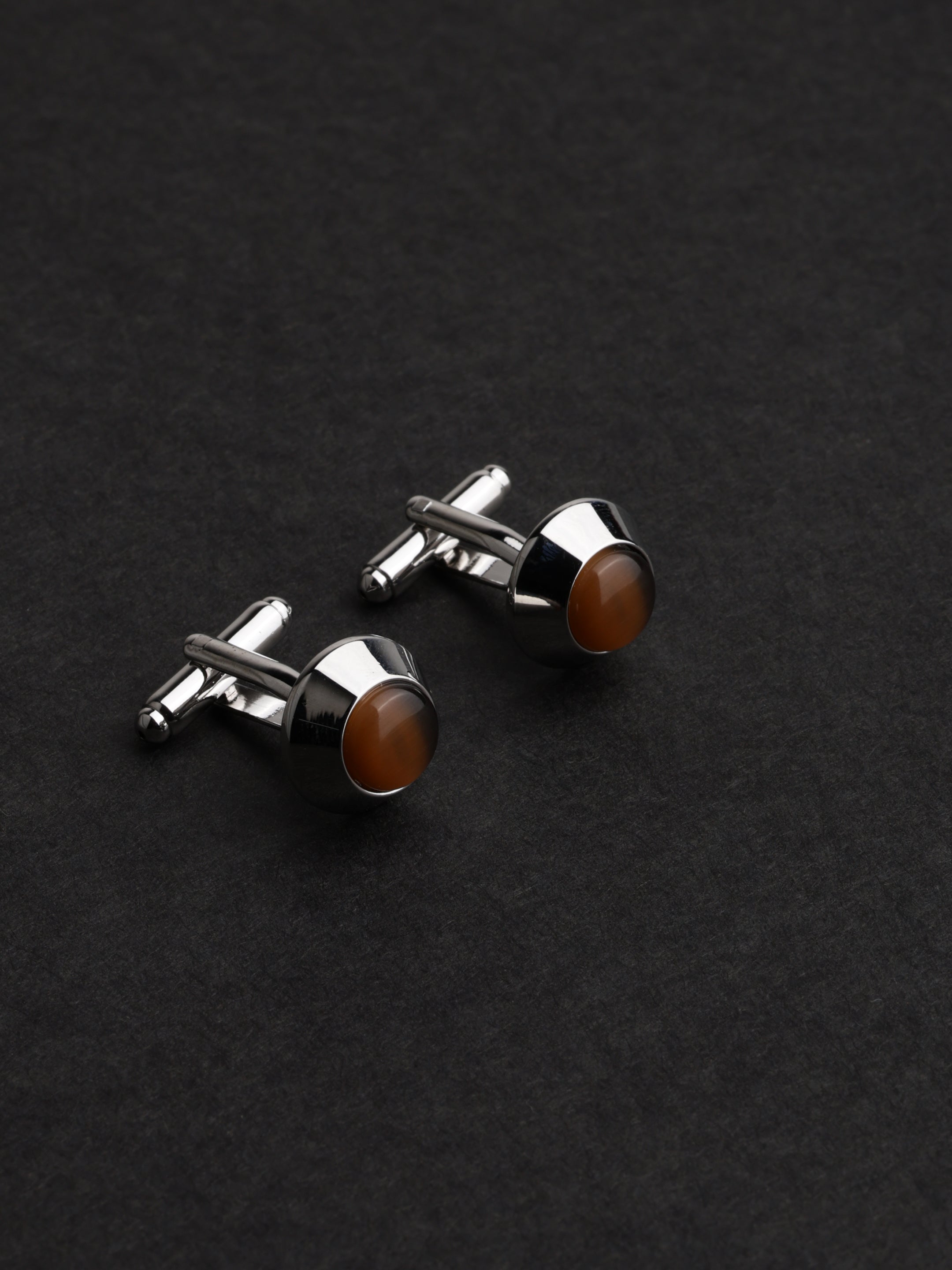 Brown Stone Inlay Round Cufflinks