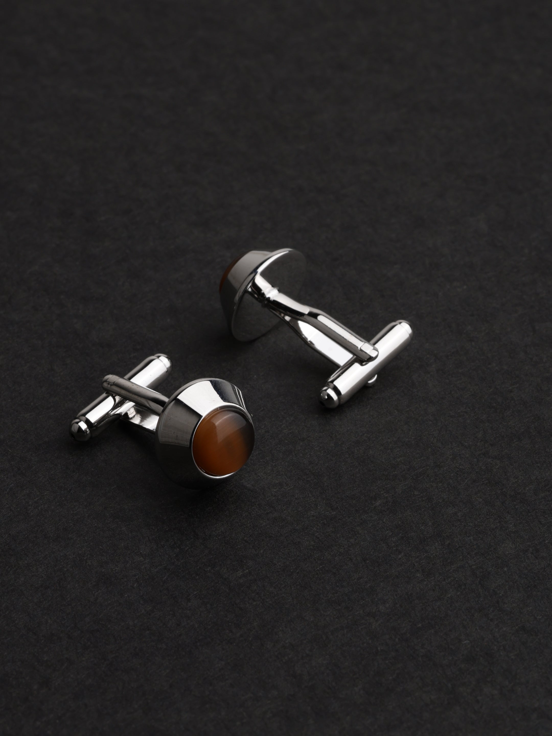 Brown Stone Inlay Round Cufflinks