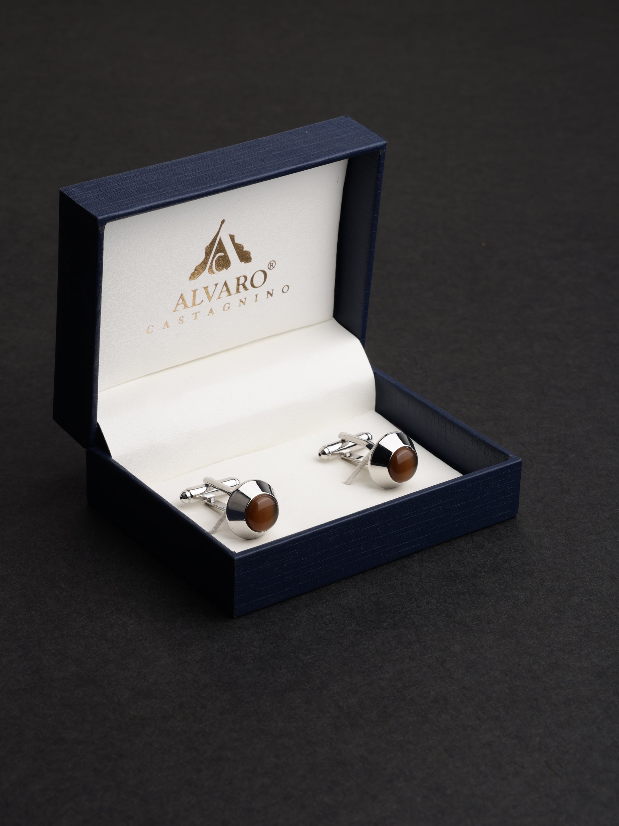 Brown Stone Inlay Round Cufflinks