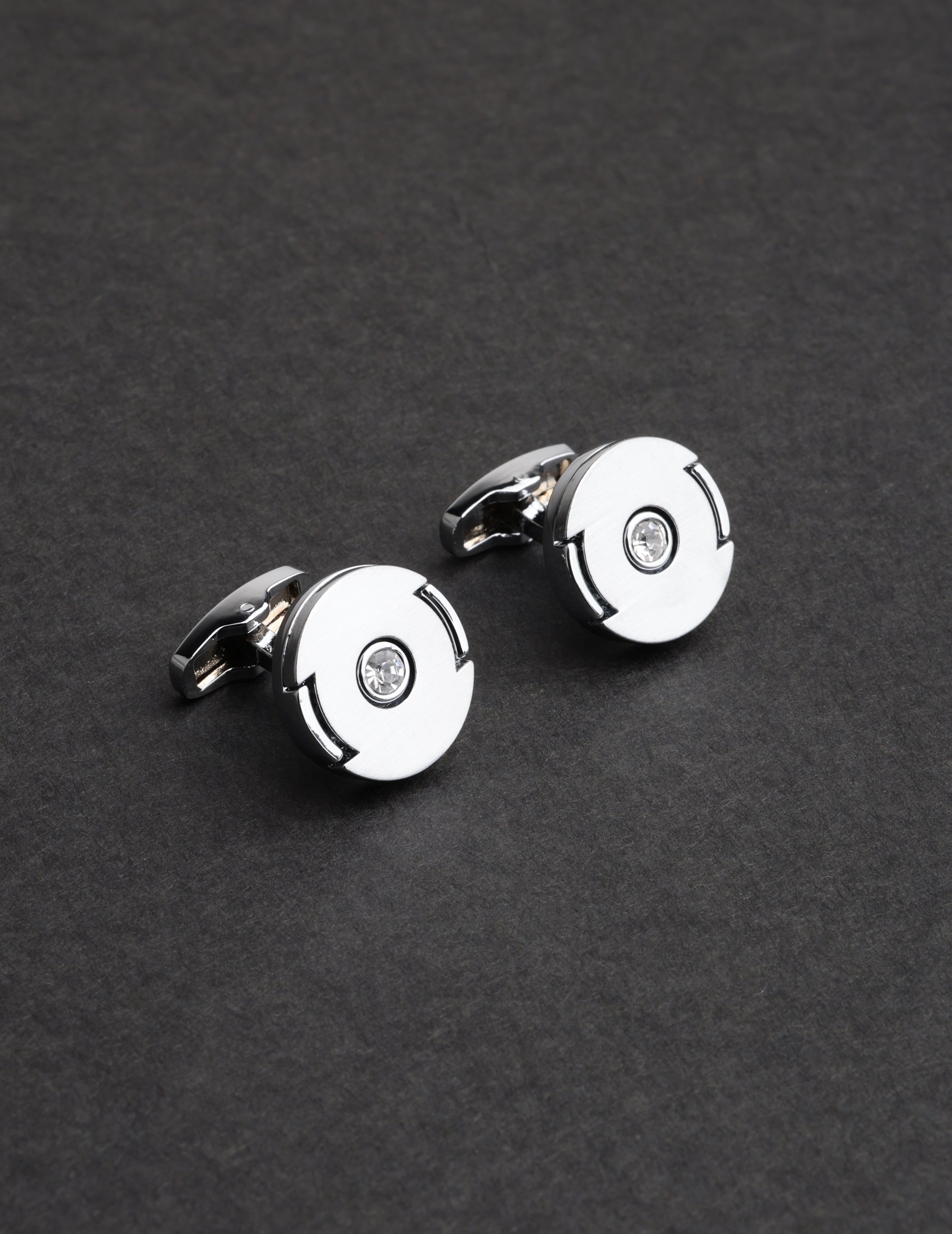 Silver Minimalist Crystal Round Cufflinks