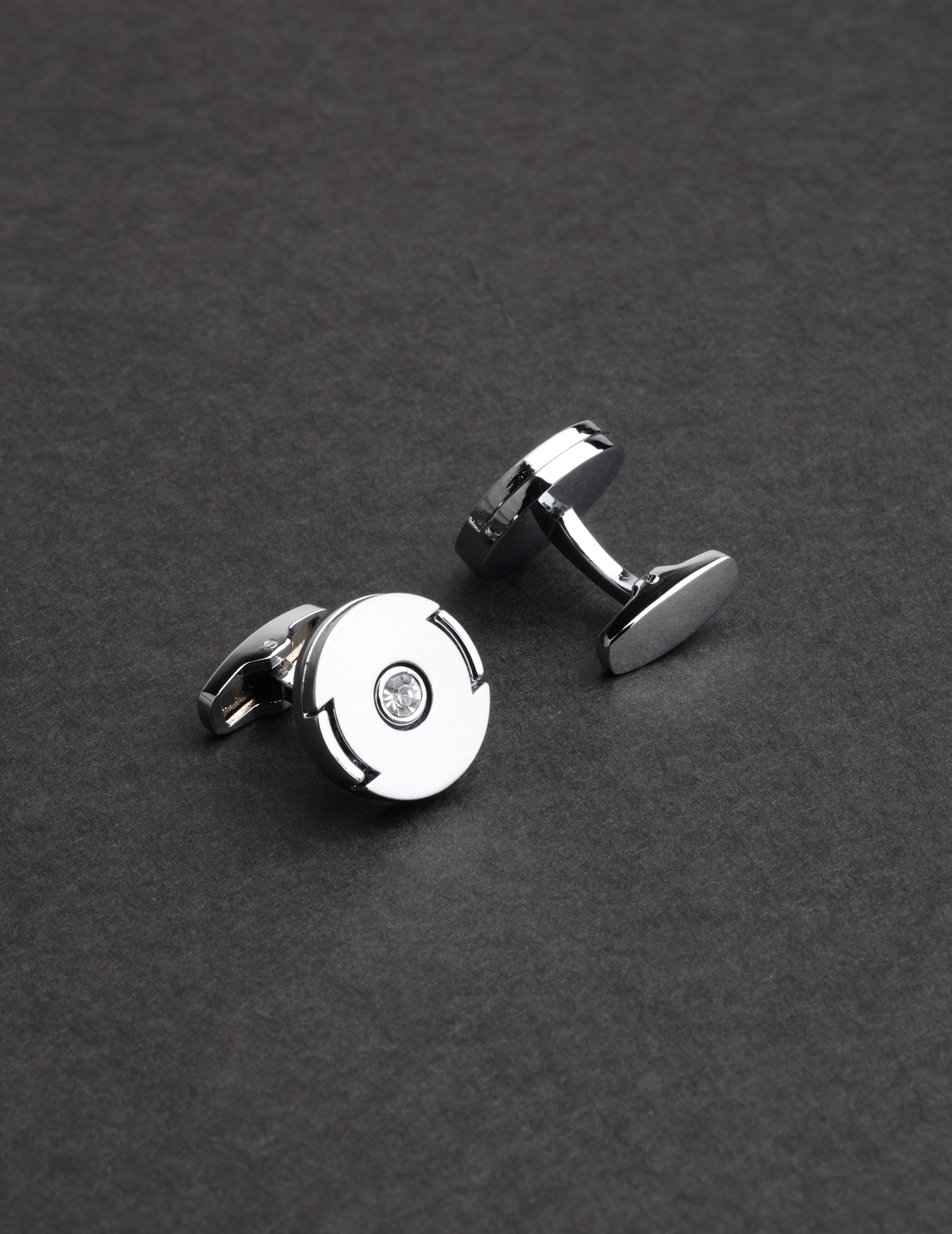 Silver Minimalist Crystal Round Cufflinks