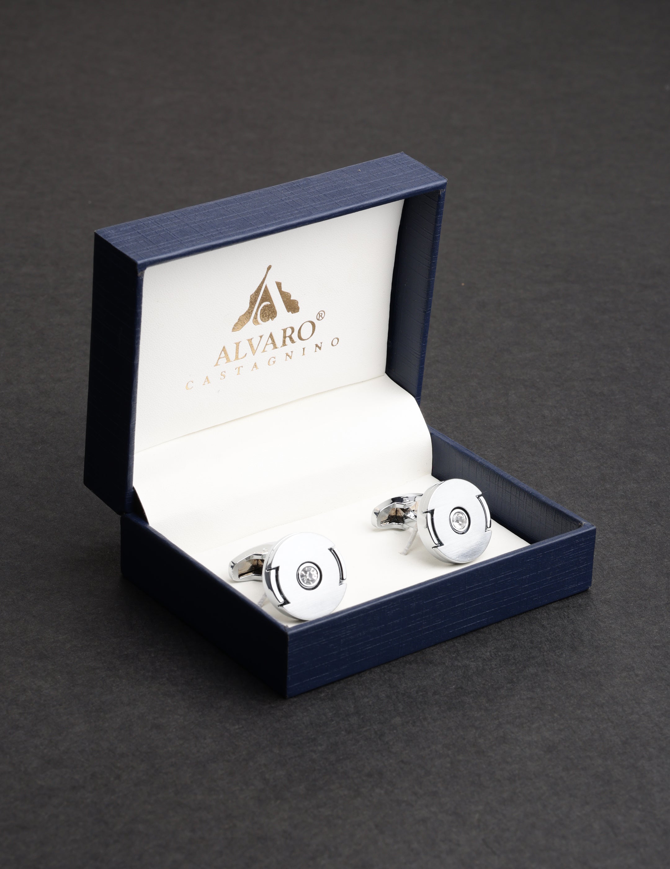 Silver Minimalist Crystal Round Cufflinks