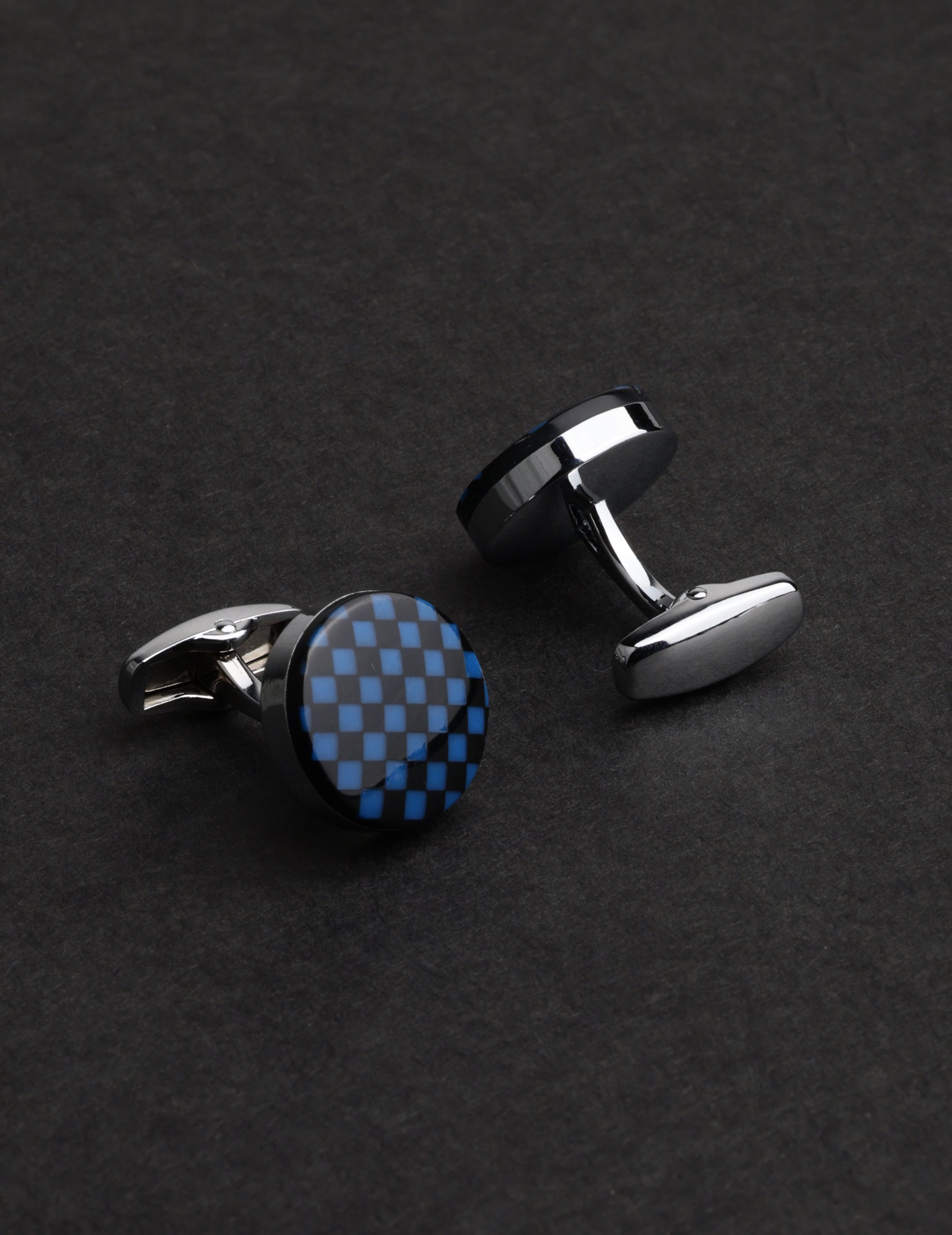 Blue and Black Checkered Round Cufflinks