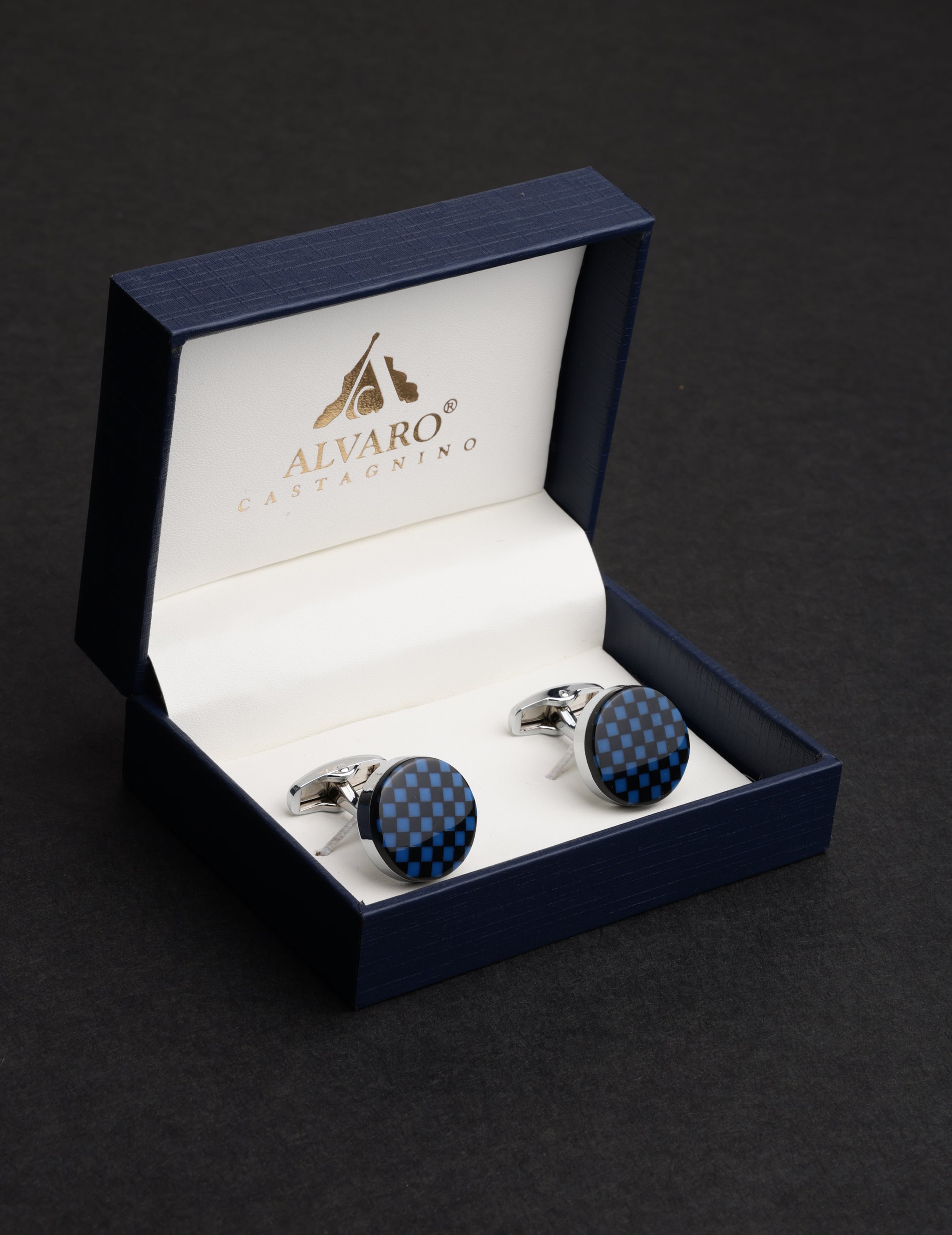 Blue and Black Checkered Round Cufflinks