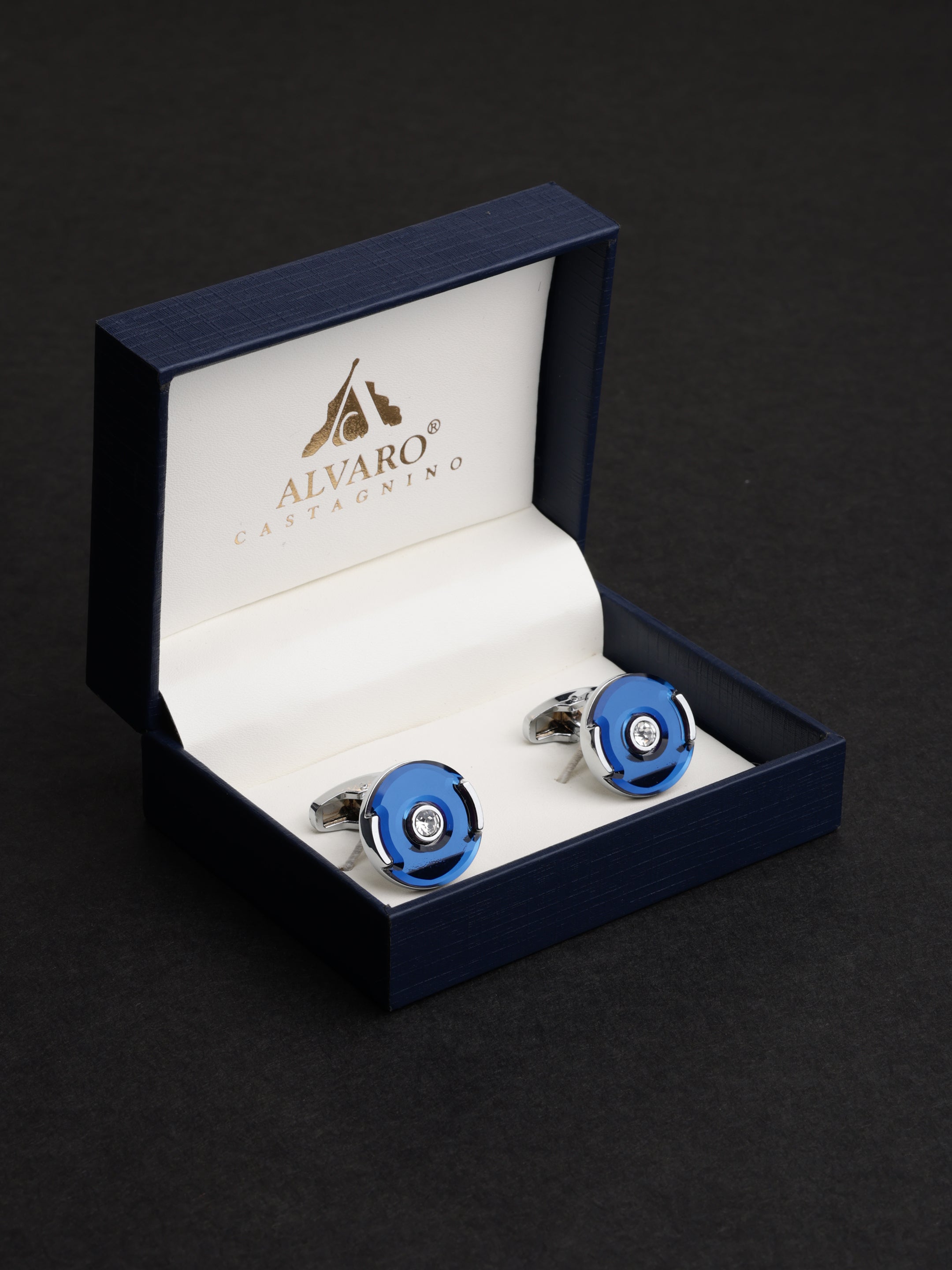 Blue Minimalist Crystal Round Cufflinks