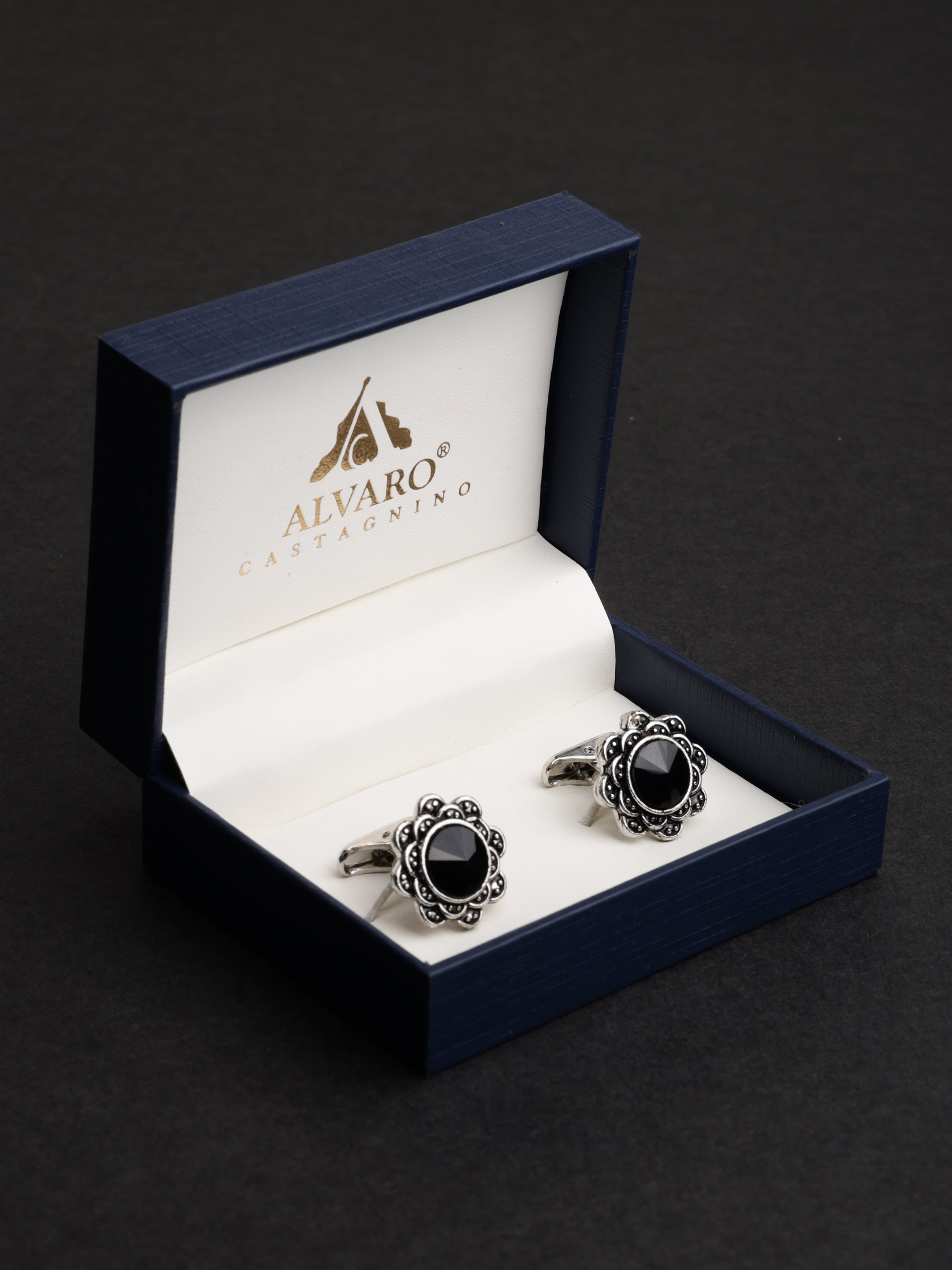 Antique Floral Black Crystal Cufflinks