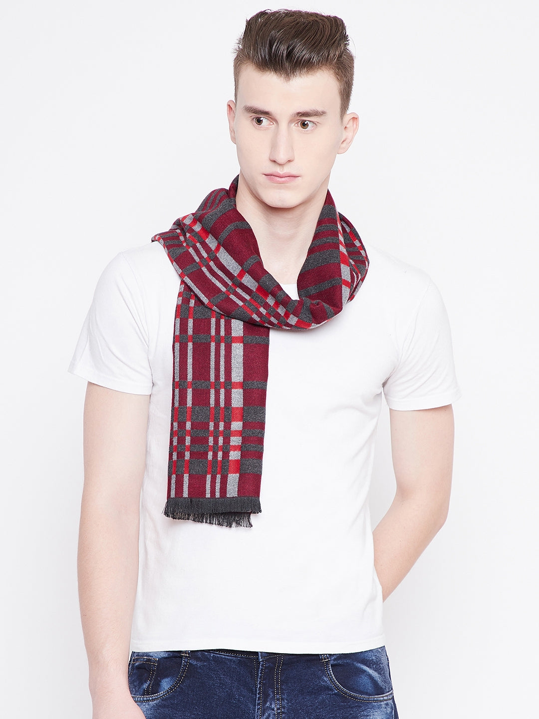 Alvaro Castagnino Men Maroon & Grey Checked Muffler