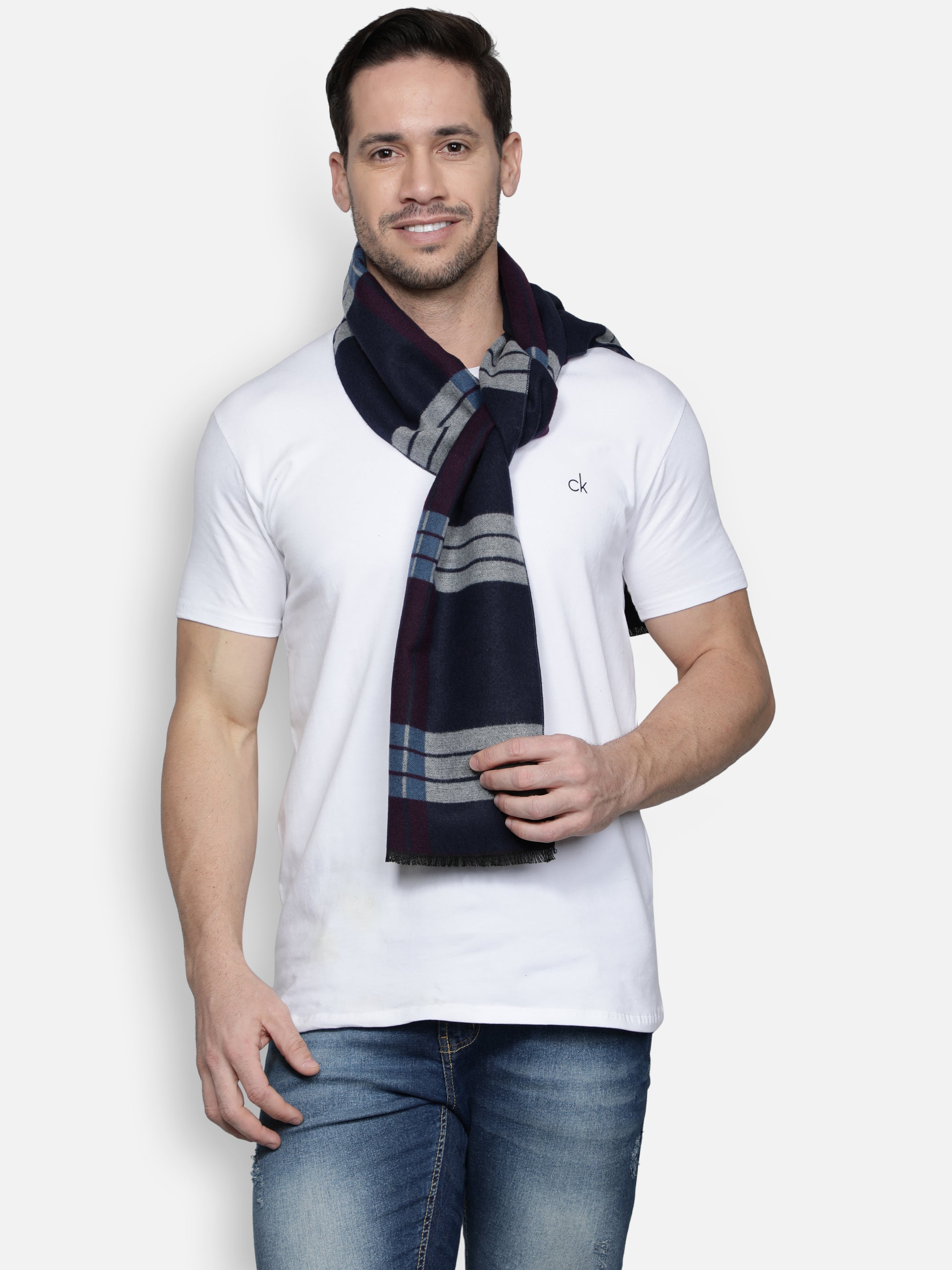 Alvaro Castagnino Men Navy Blue & Grey Striped Muffler